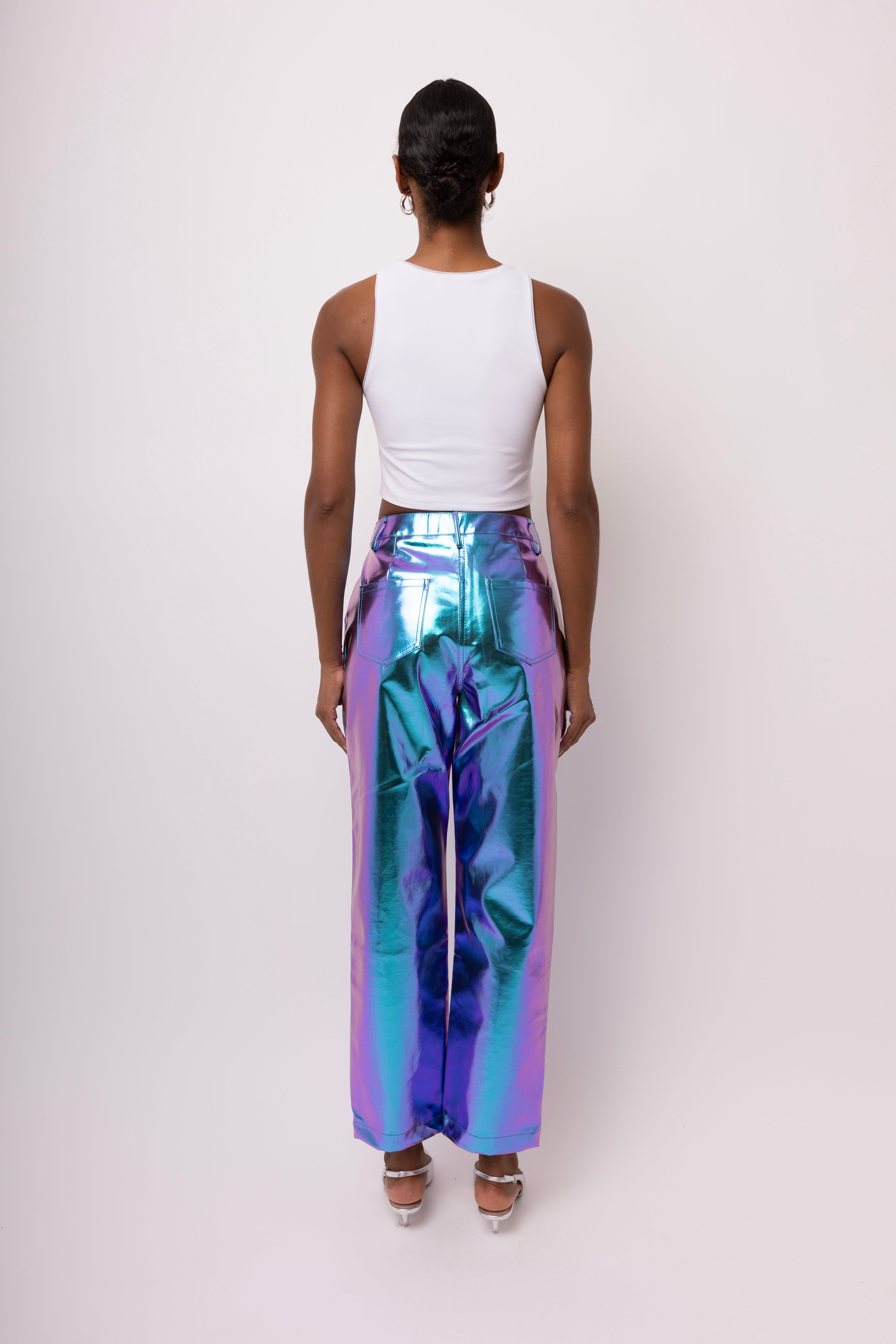 Lupe Ombre Turquoise Blue Metallic Straight Leg High Rise Faux Leather Trousers | AmyLynn 