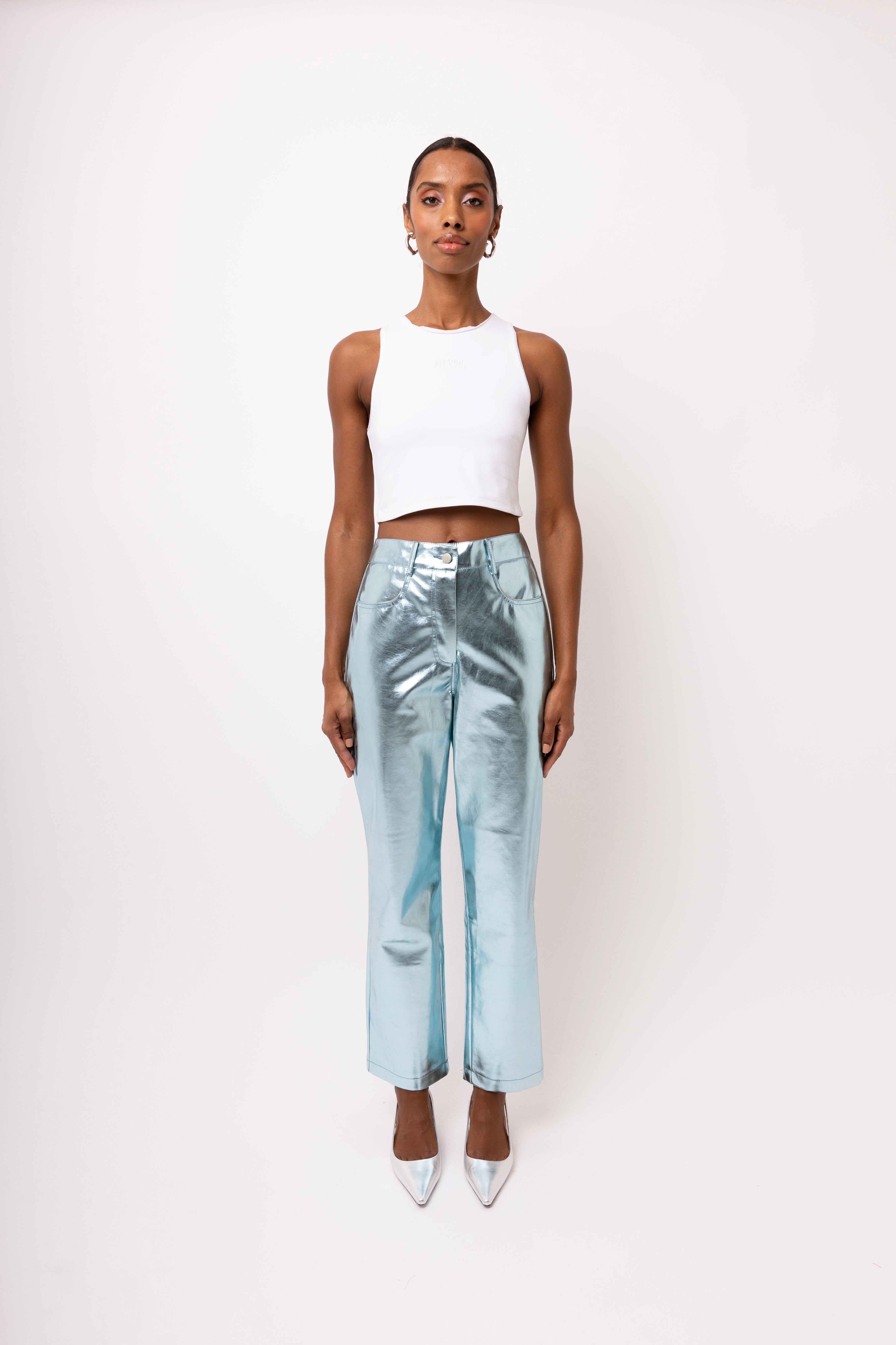 Lupe Sky Blue Metallic Straight Leg High Rise Vegan Leather Trousers | AmyLynn 