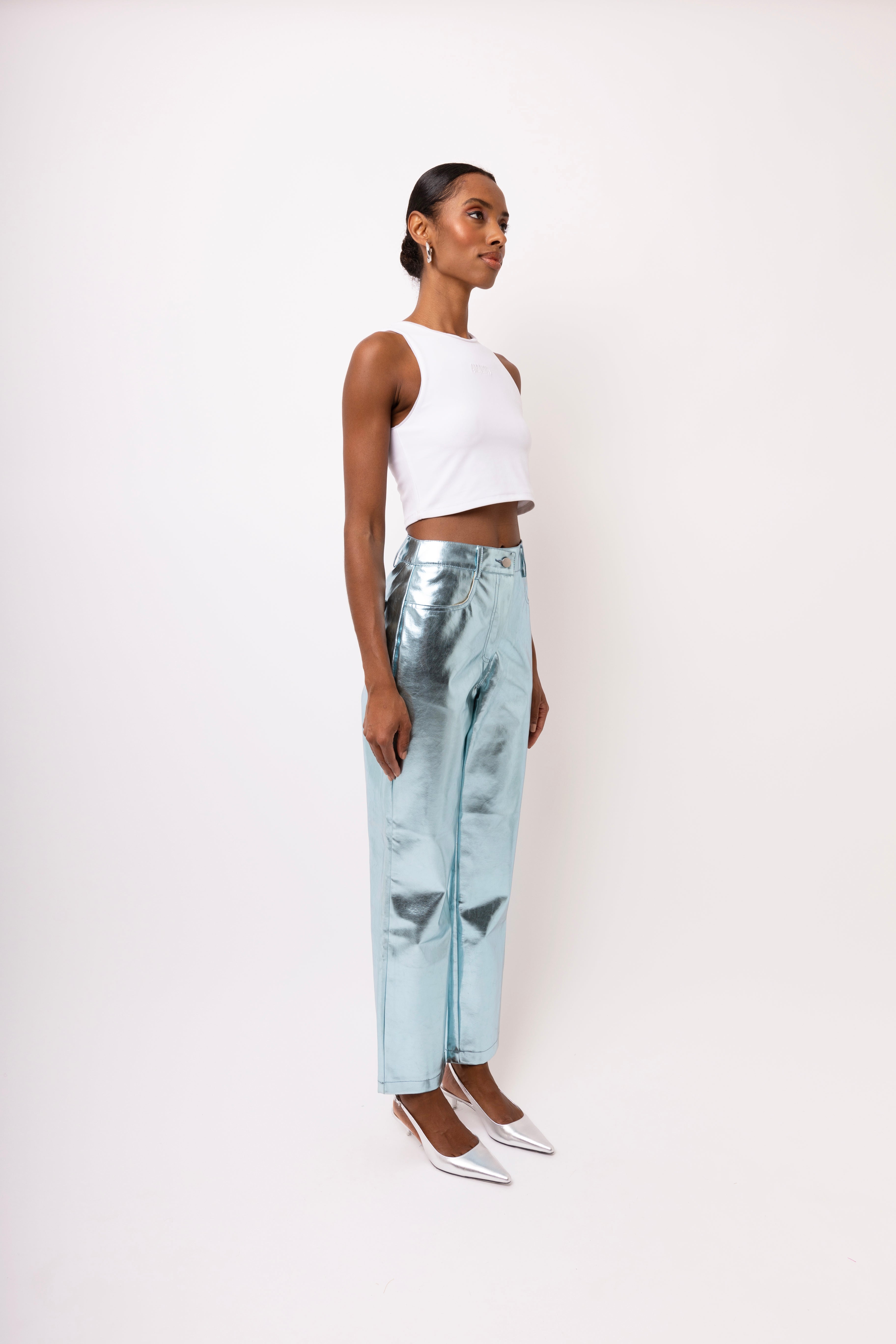 Lupe Sky Blue Metallic Straight Leg High Rise Vegan Leather Trousers | AmyLynn 