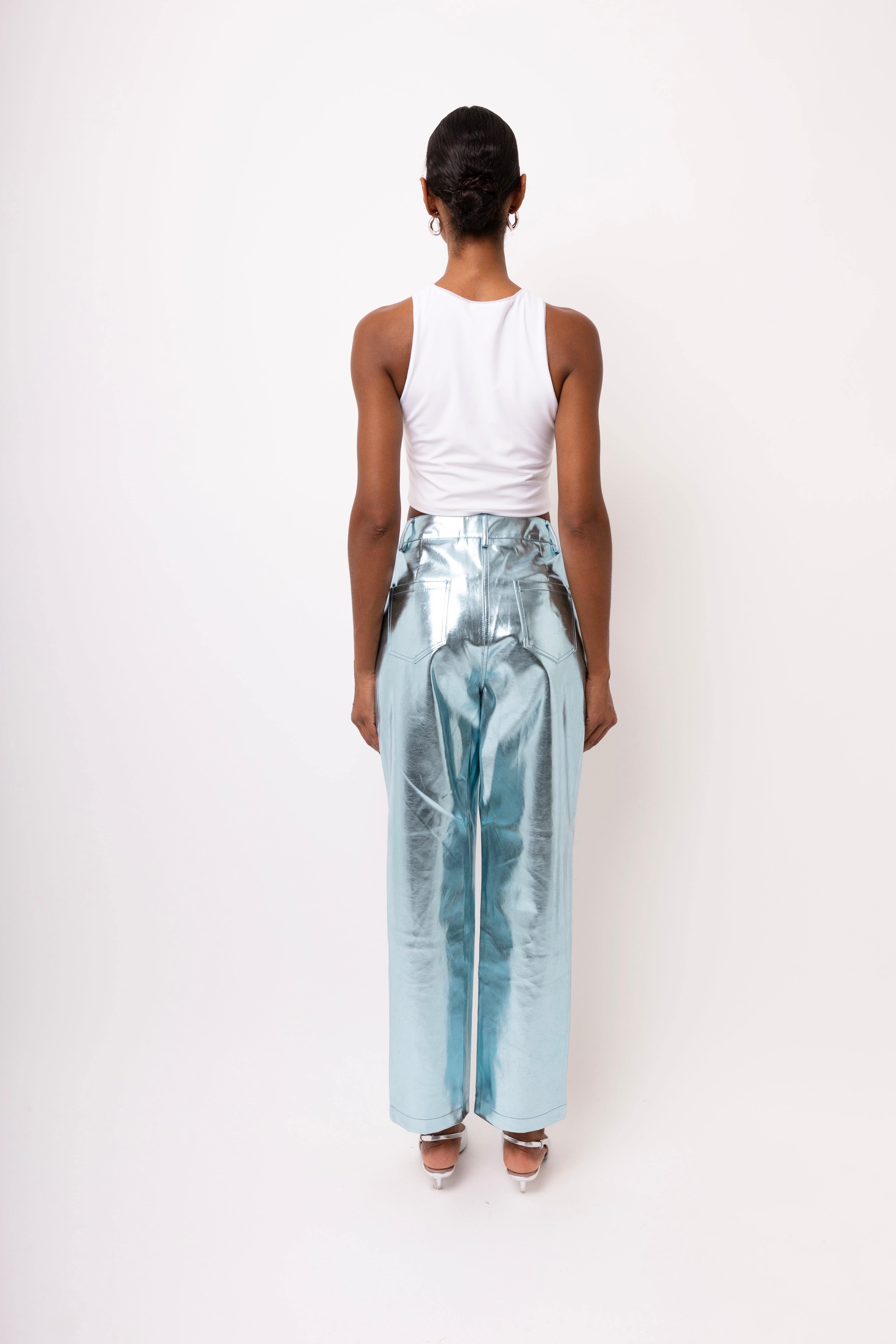 Lupe Sky Blue Metallic Straight Leg High Rise Vegan Leather Trousers | AmyLynn 