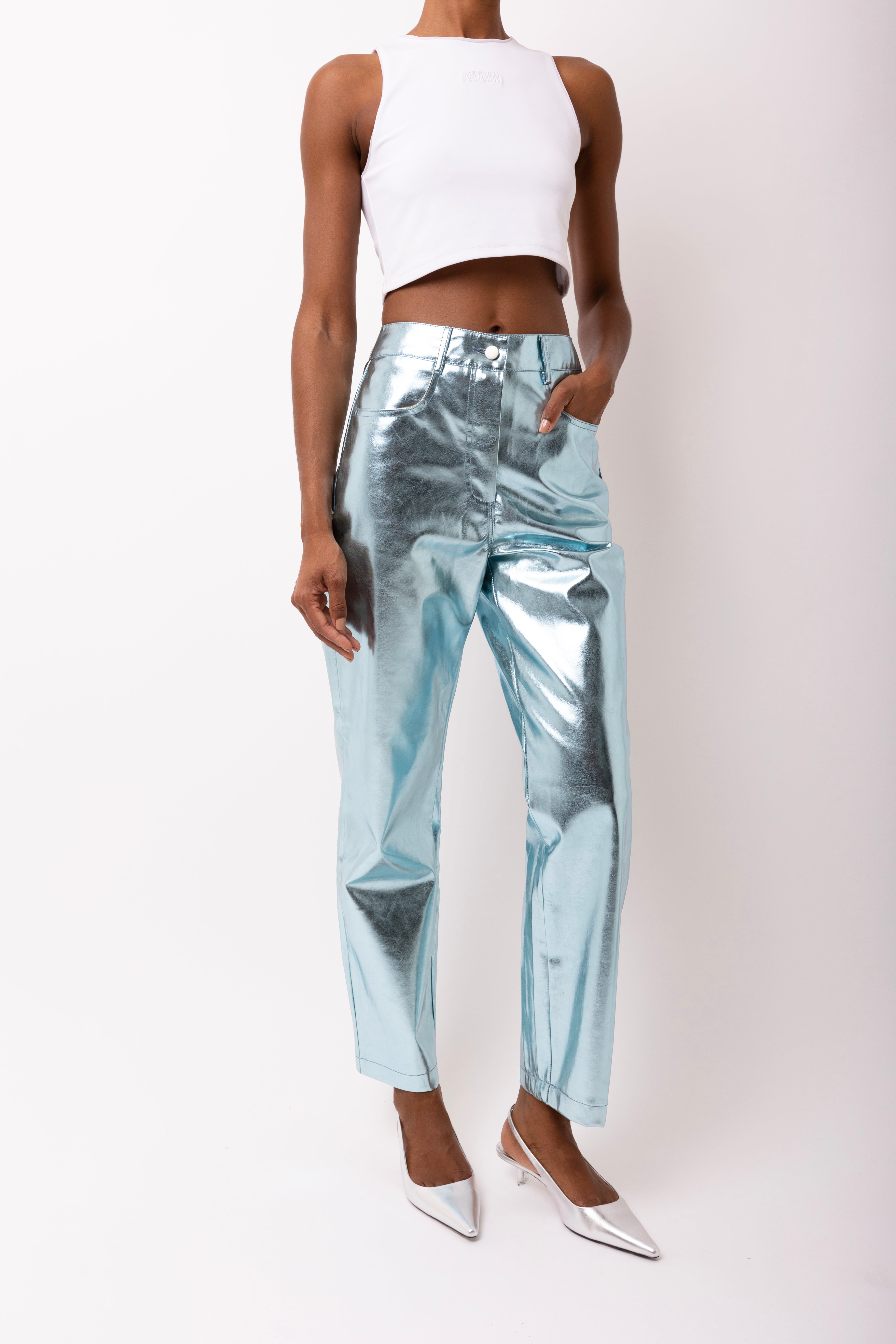 Lupe Sky Blue Metallic Straight Leg High Rise Vegan Leather Trousers | AmyLynn 