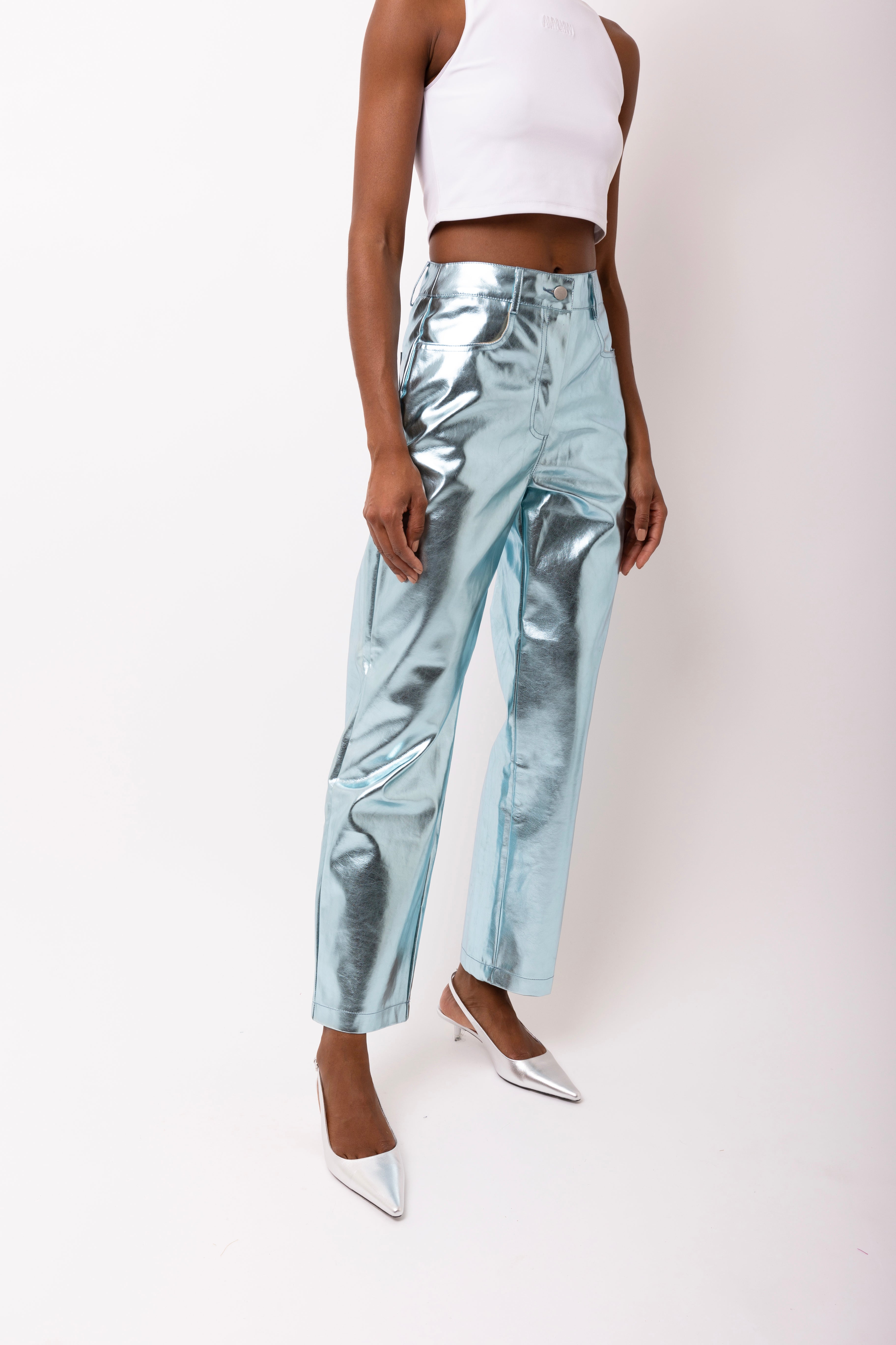 Lupe Sky Blue Metallic Straight Leg High Rise Vegan Leather Trousers | AmyLynn 