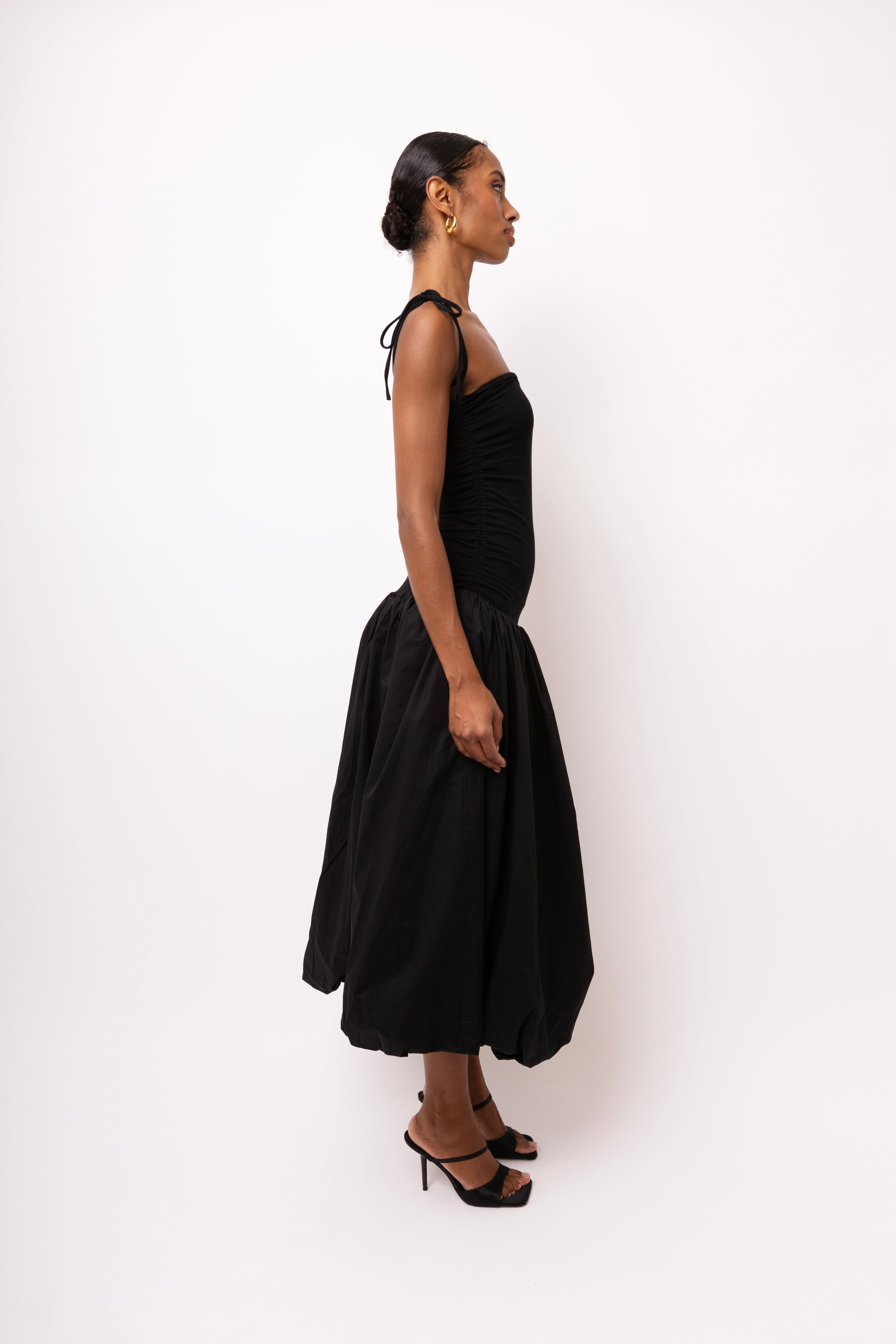 Alexa Black Puffball Cotton Stretch Midi Dress | AmyLynn