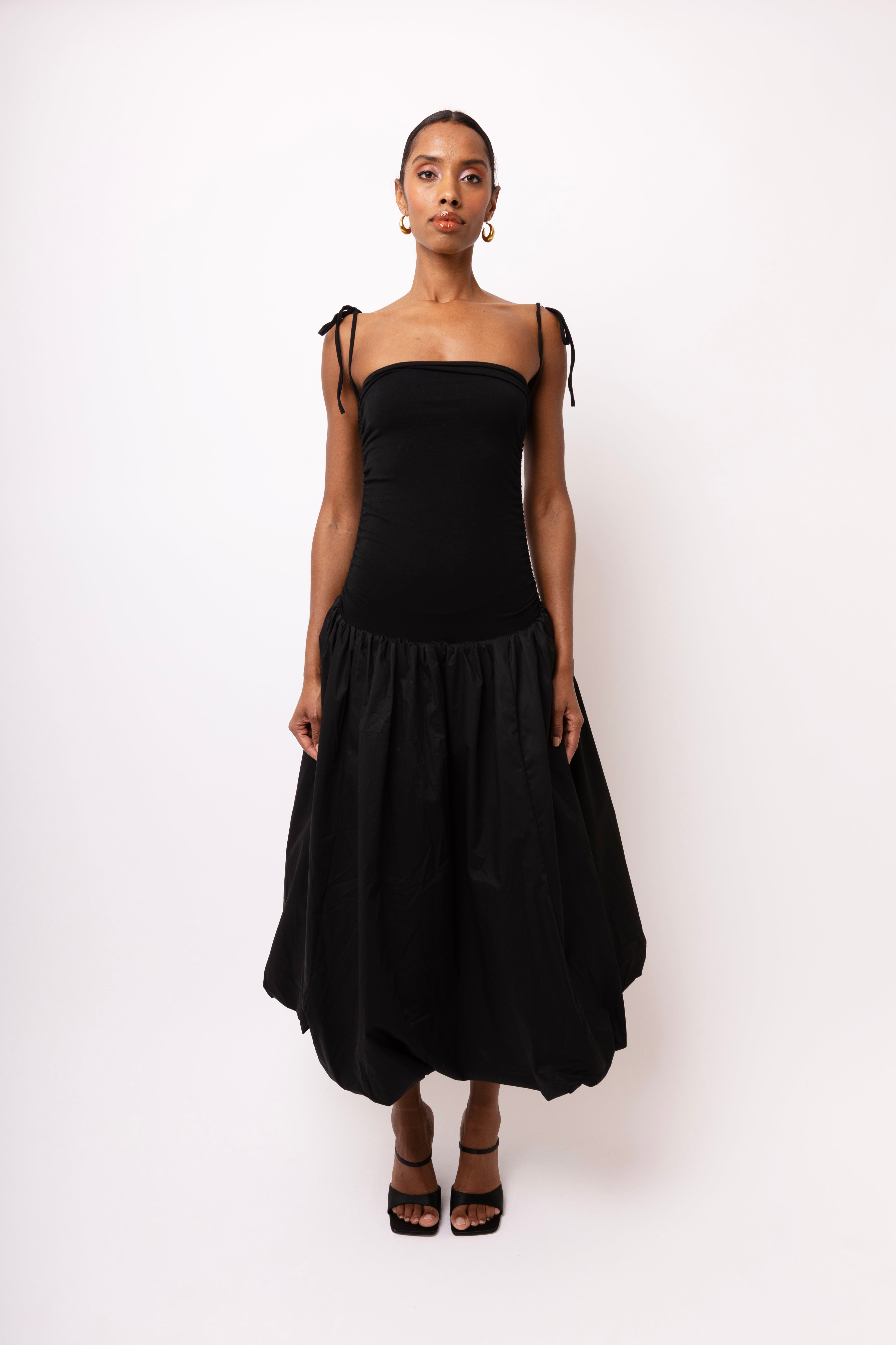 Alexa Black Puffball Cotton Stretch Midi Dress | AmyLynn