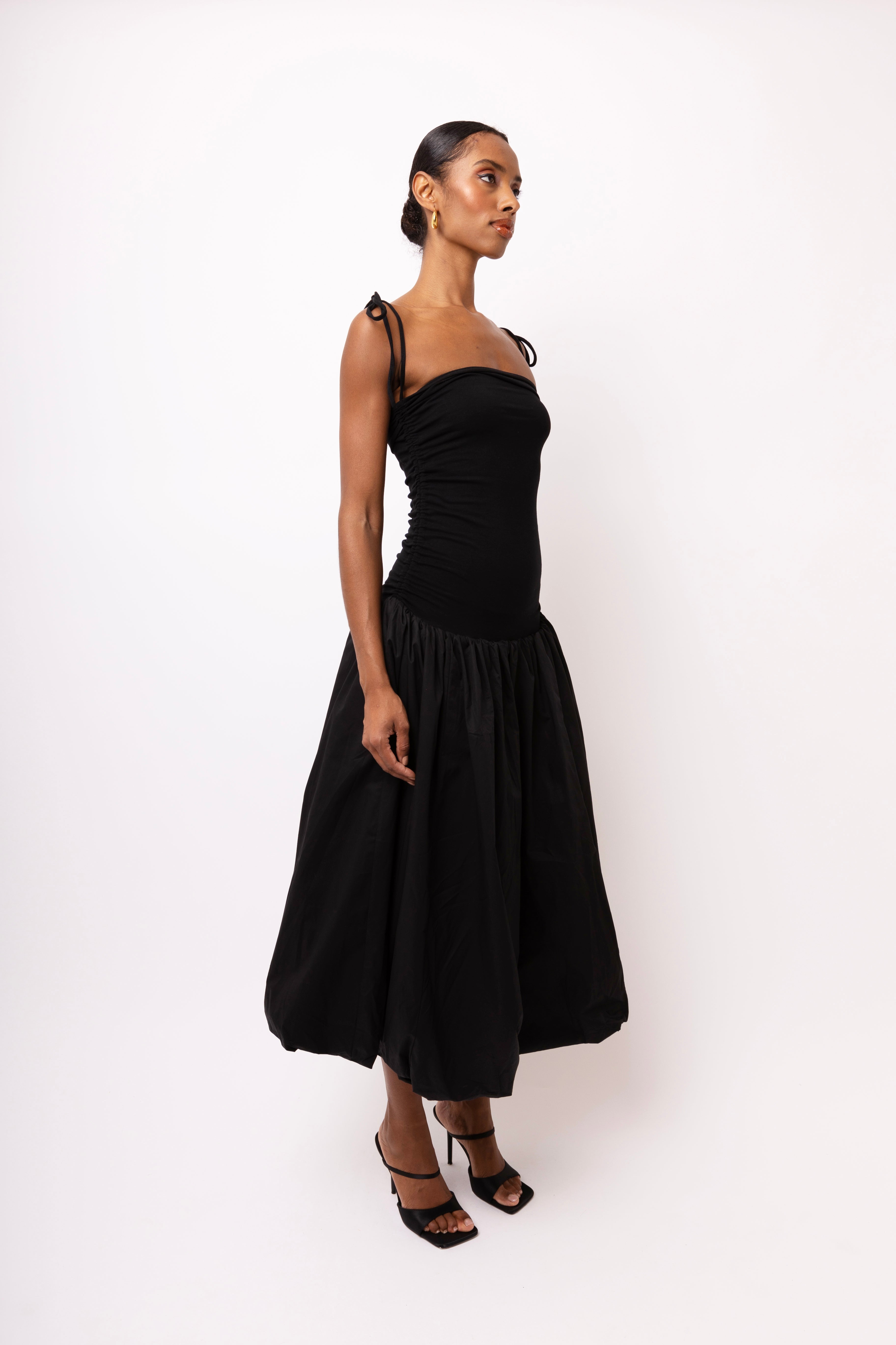 Alexa Black Puffball Cotton Stretch Midi Dress | AmyLynn