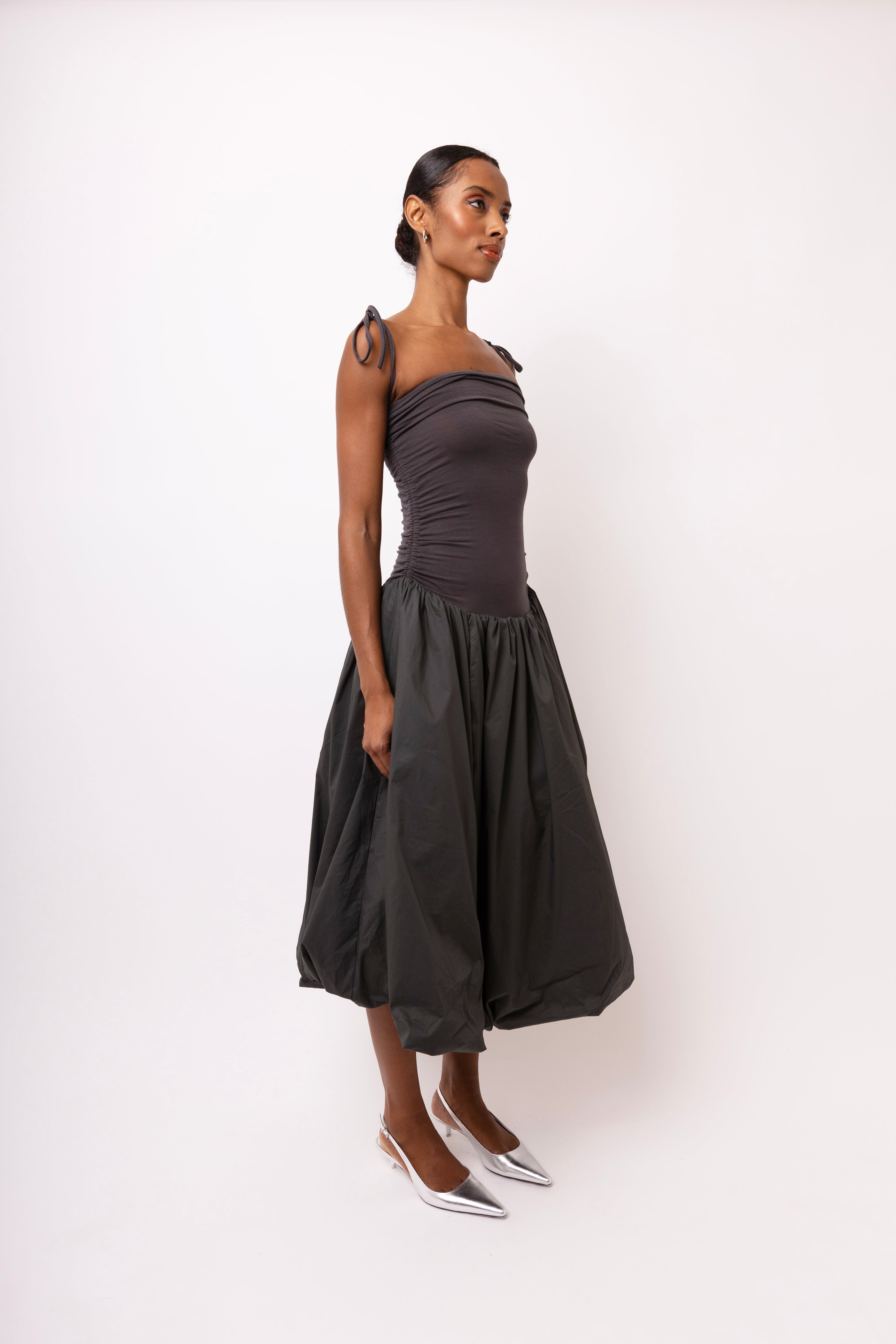 Alexa Dark Grey Puffball Cotton Stretch Midi Dress | AmyLynn