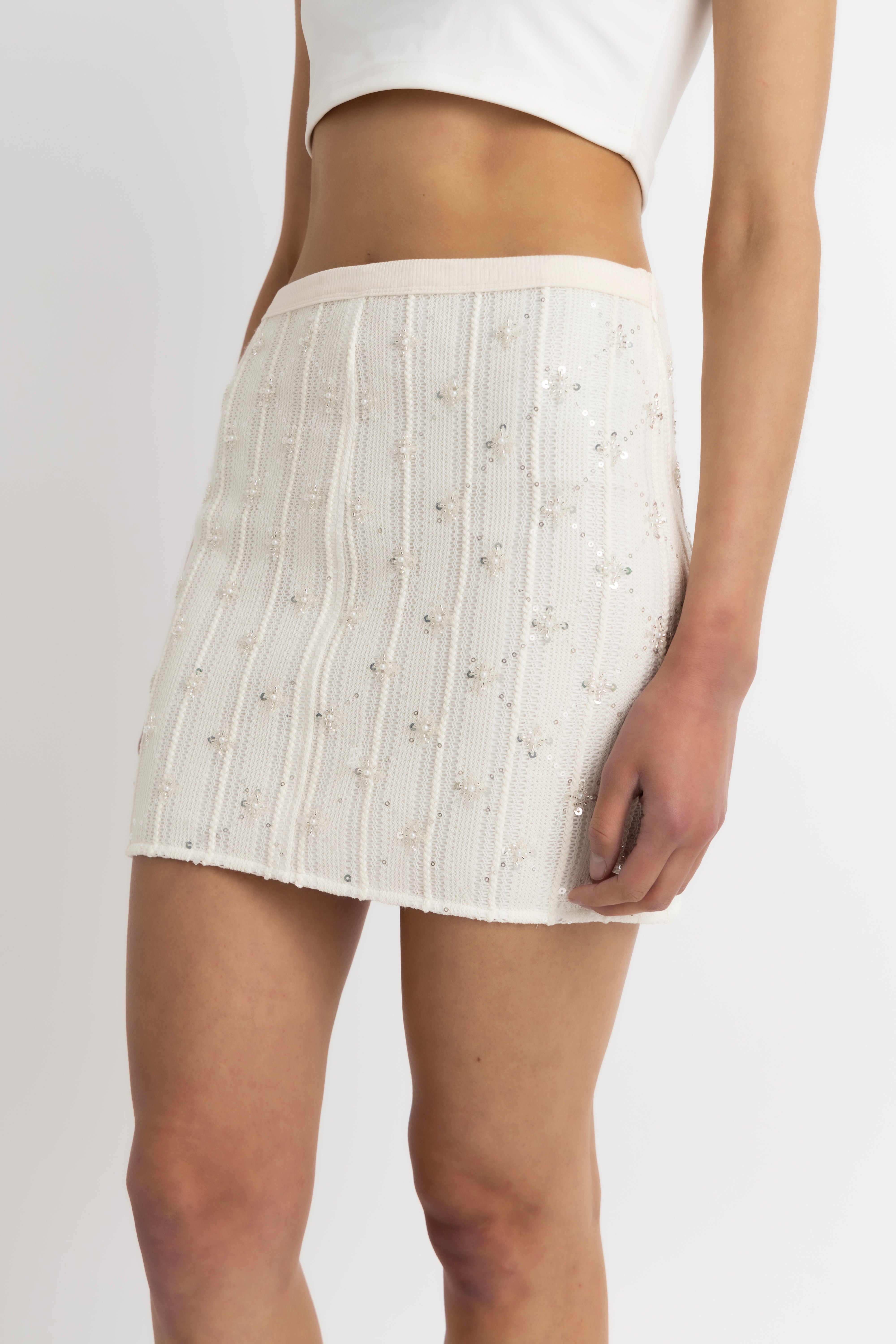 Lucia Cream Crochet Embellished Mini Skirt