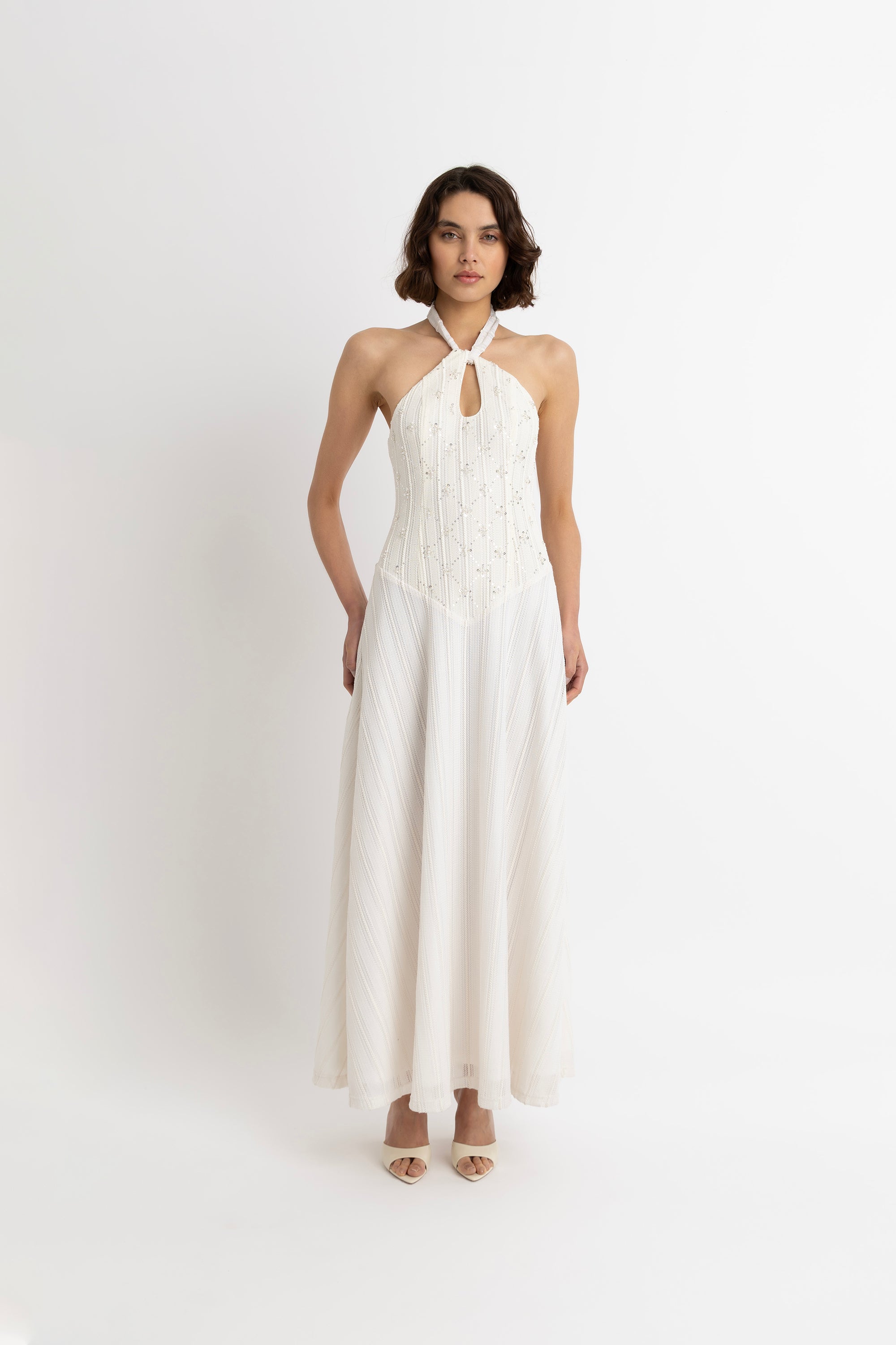 Gaia Cream Crochet Halterneck Maxi Dress
