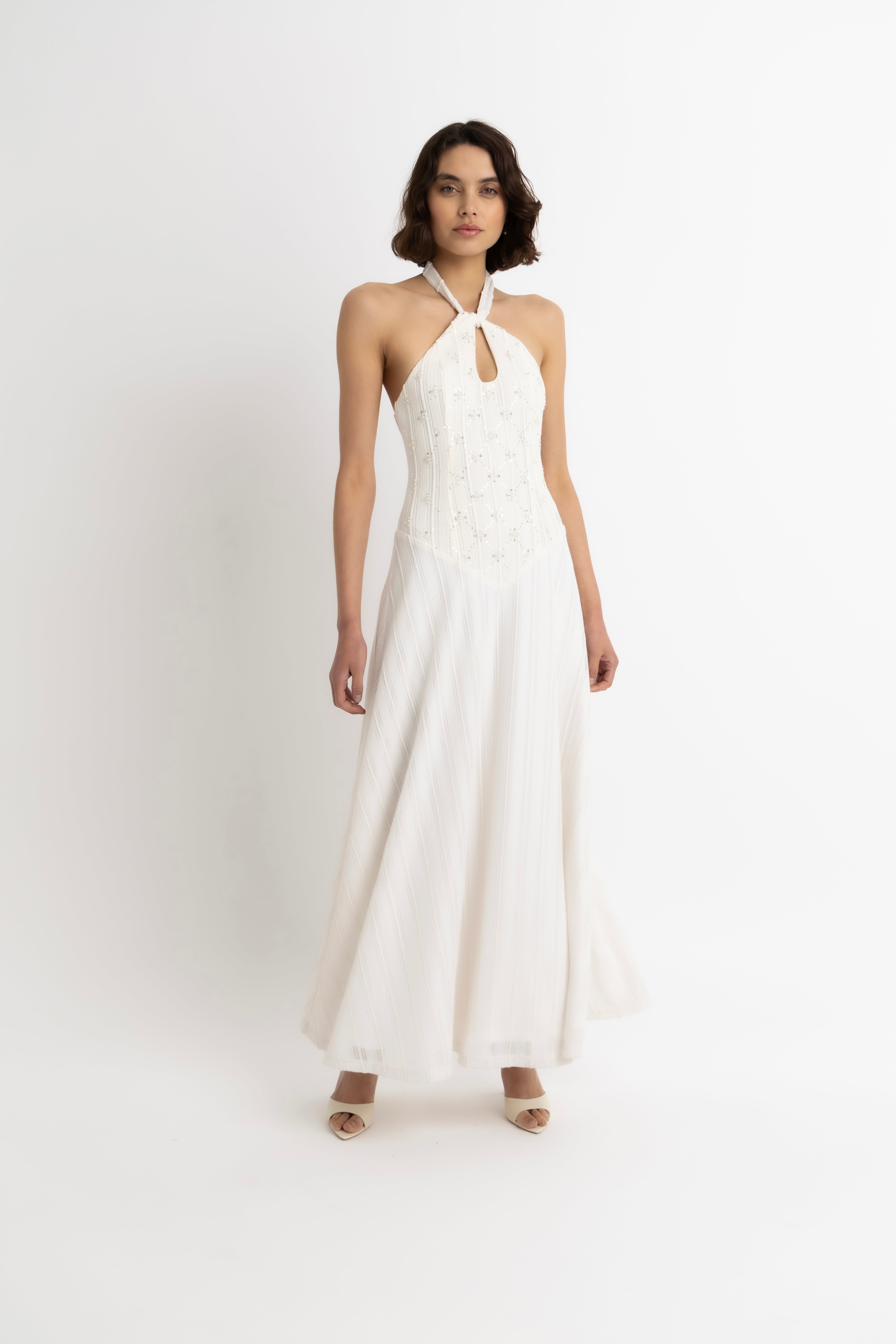 Gaia Cream Crochet Halterneck Maxi Dress