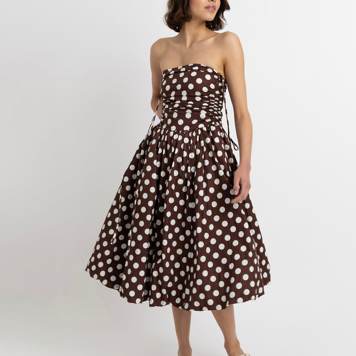 Alexa Rich Cotton Drop-Waist Midi Dress in Brown Polka Dot