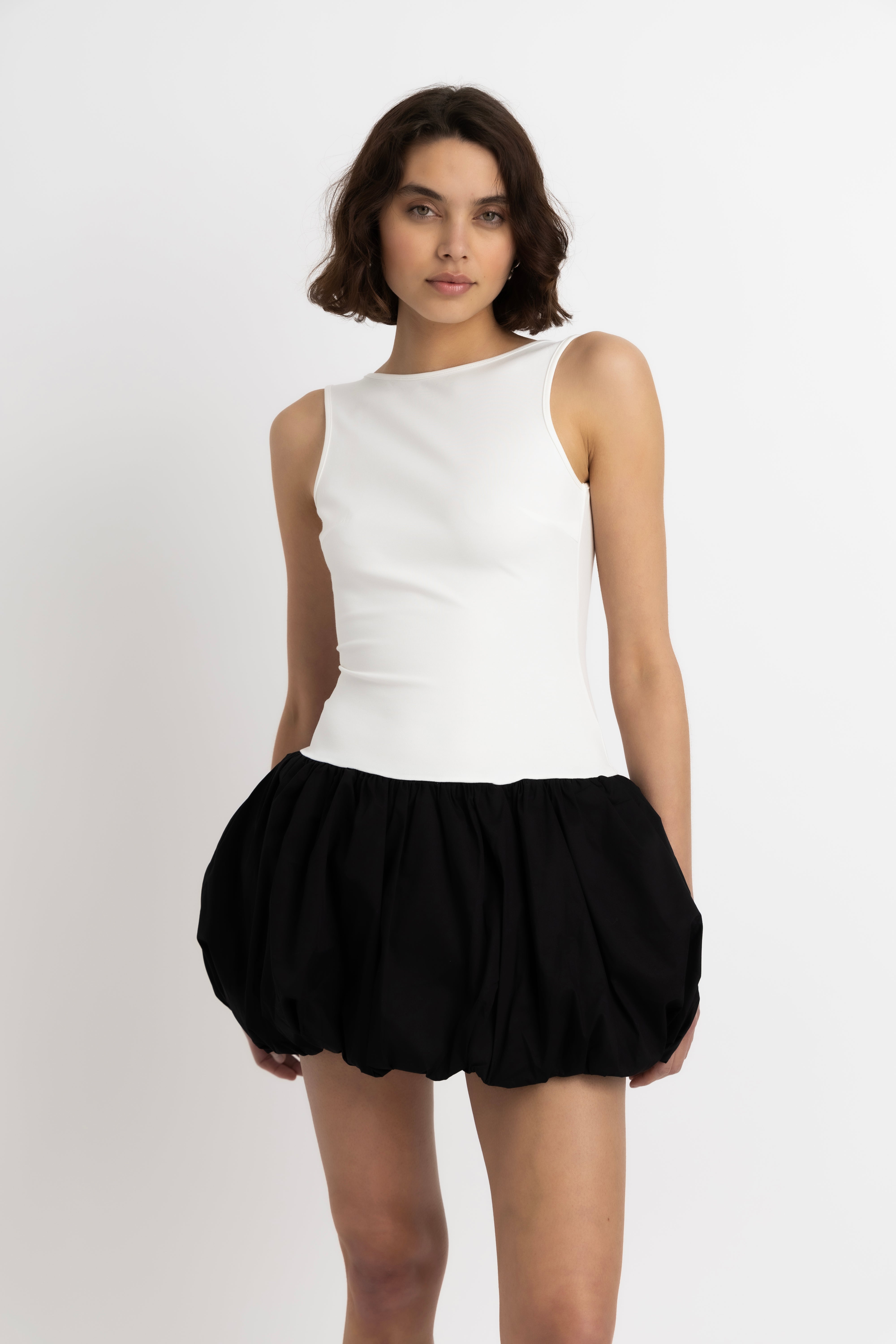 Robyn Monochrome Scoop Back Puffball Ultra Mini Dress