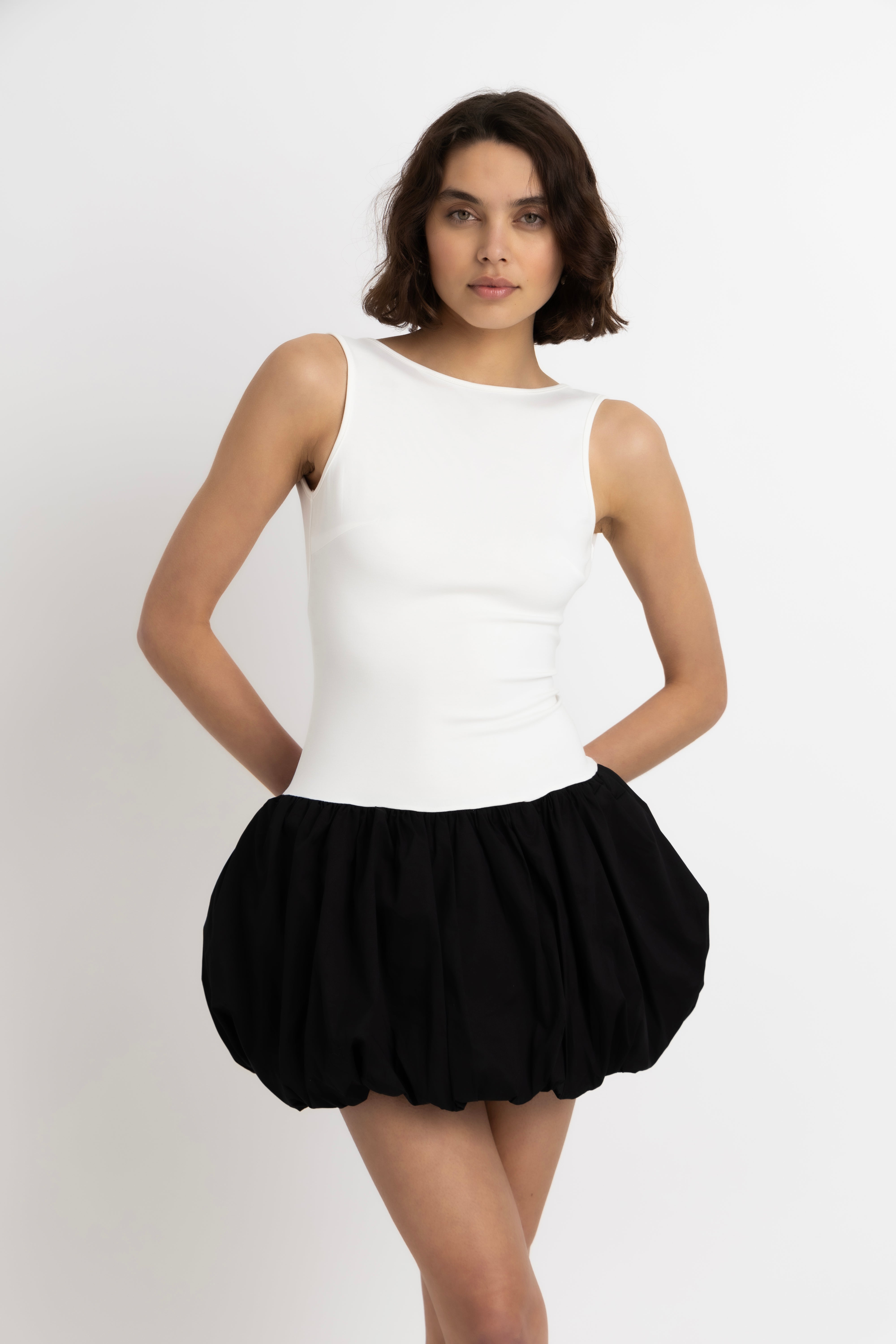 Robyn Monochrome Scoop Back Puffball Ultra Mini Dress