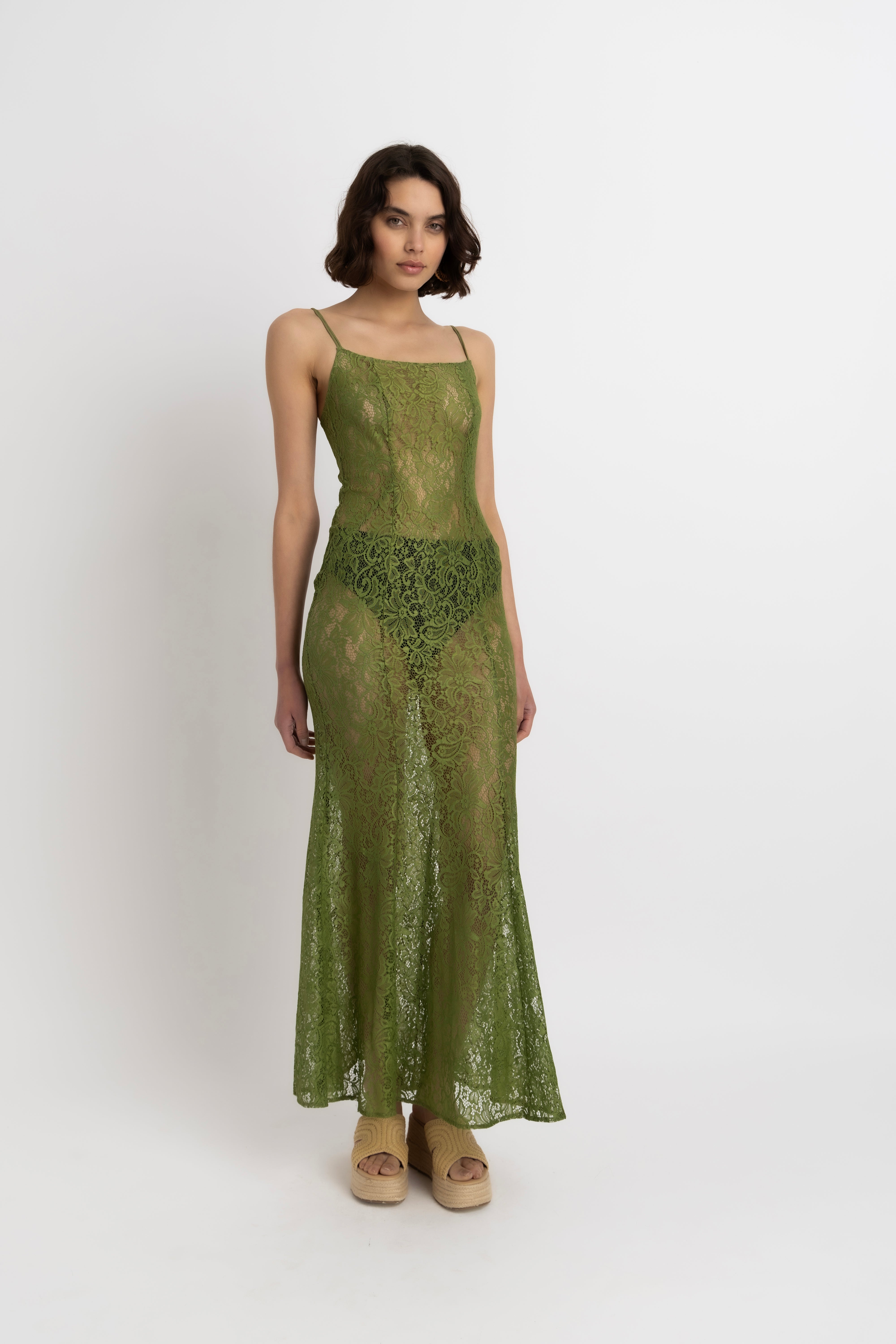 Sahar Olive Floral Lace Maxi Dress