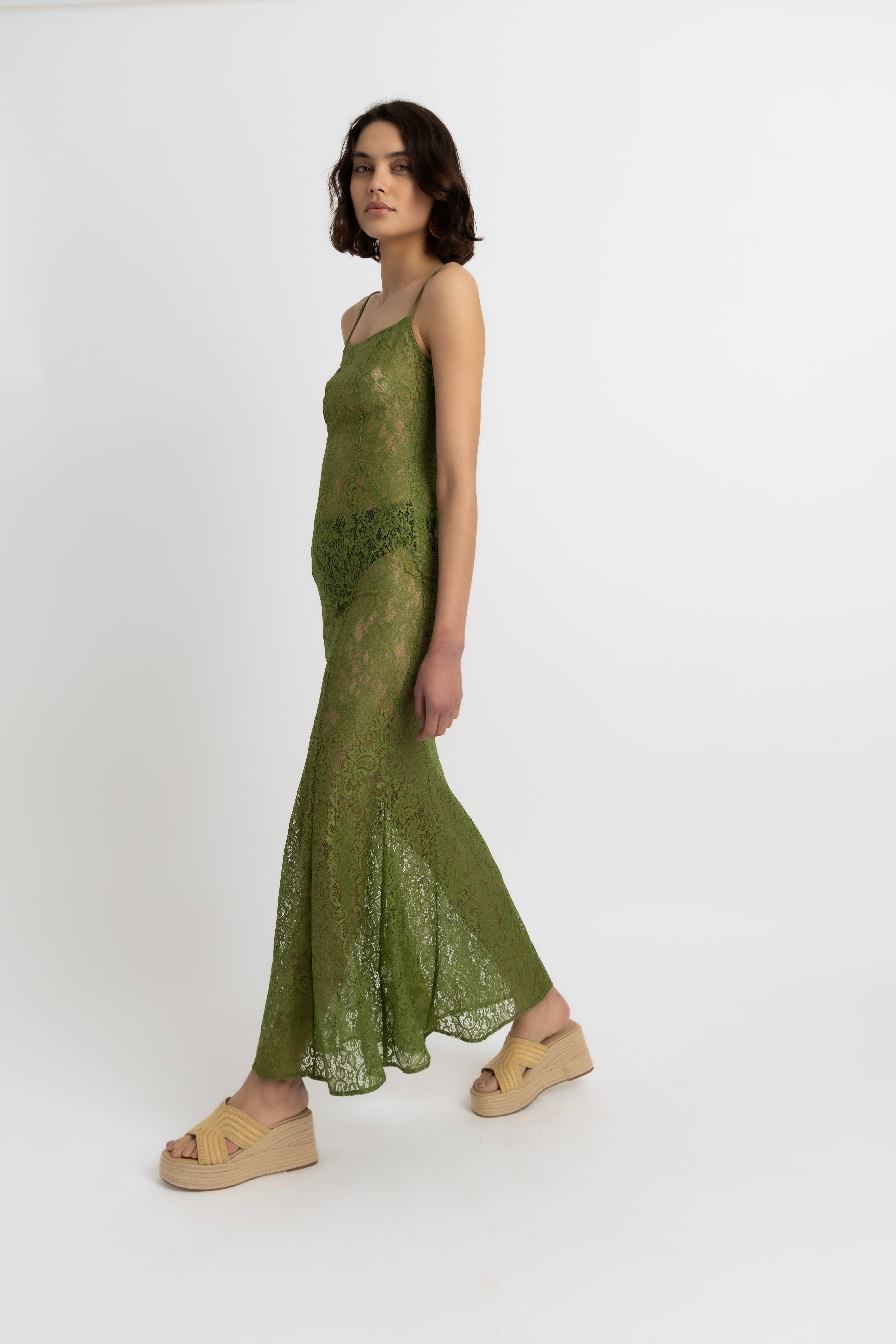 Sahar Olive Floral Lace Maxi Dress