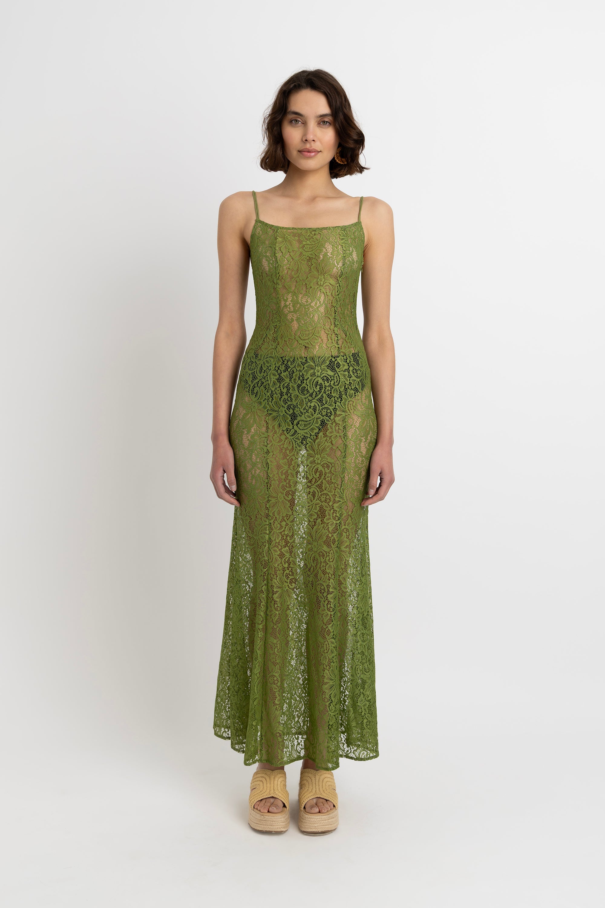 Sahar Olive Floral Lace Maxi Dress