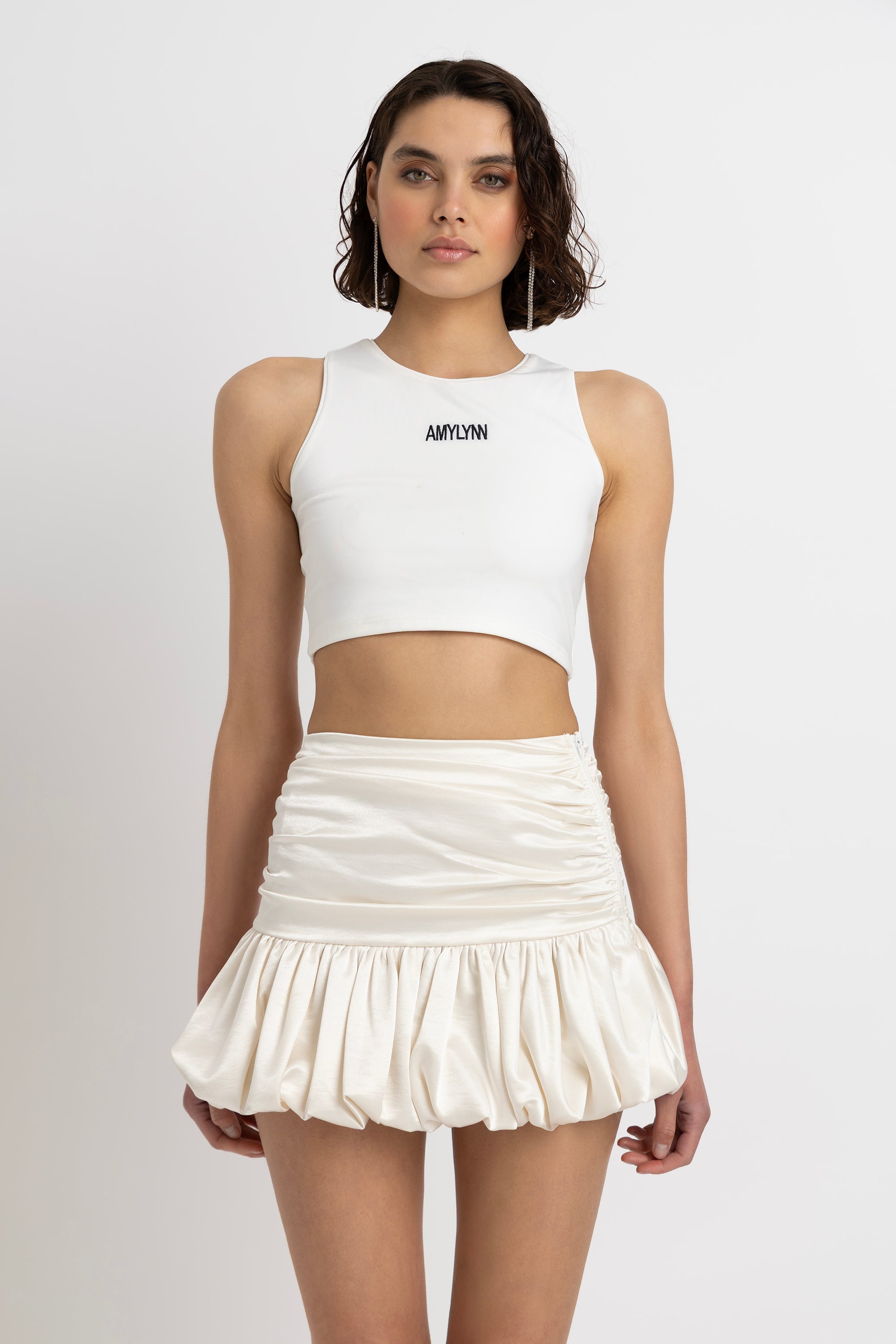 Bella Cream Satin Puffball Mini Skirt