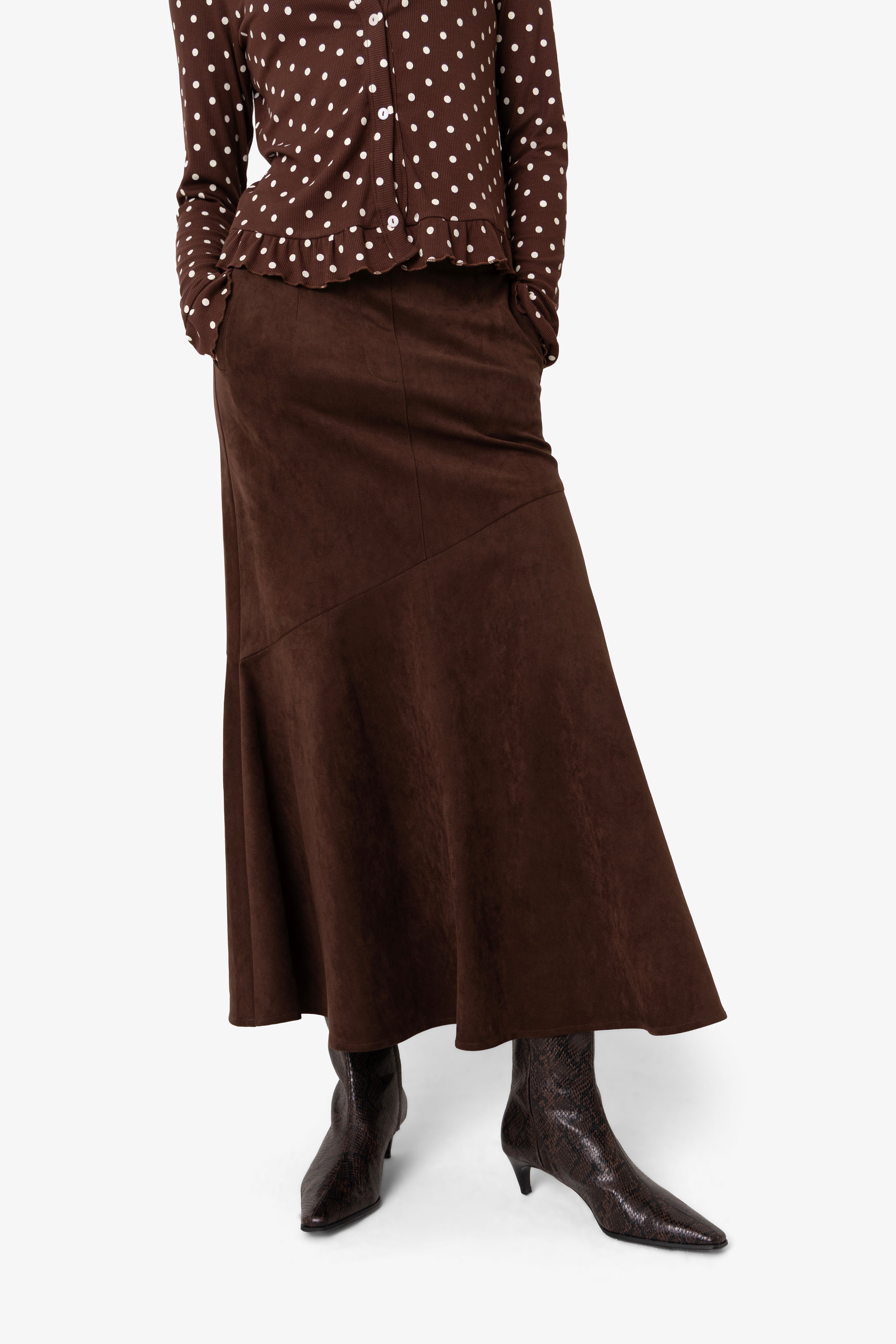 Suki Faux Suede Chiffon Asymmetric Maxi Skirt