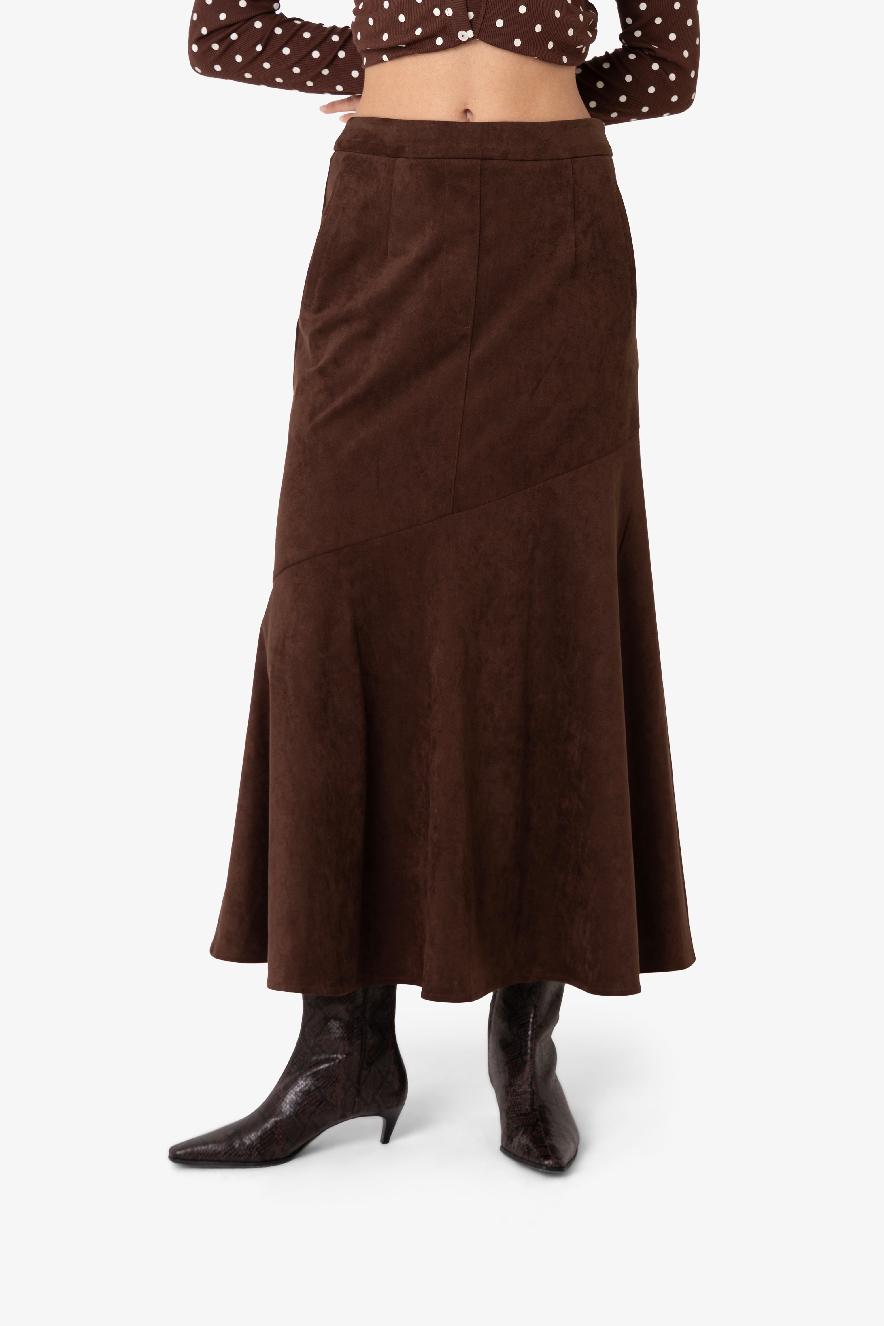 Suki Faux Suede Chiffon Asymmetric Maxi Skirt