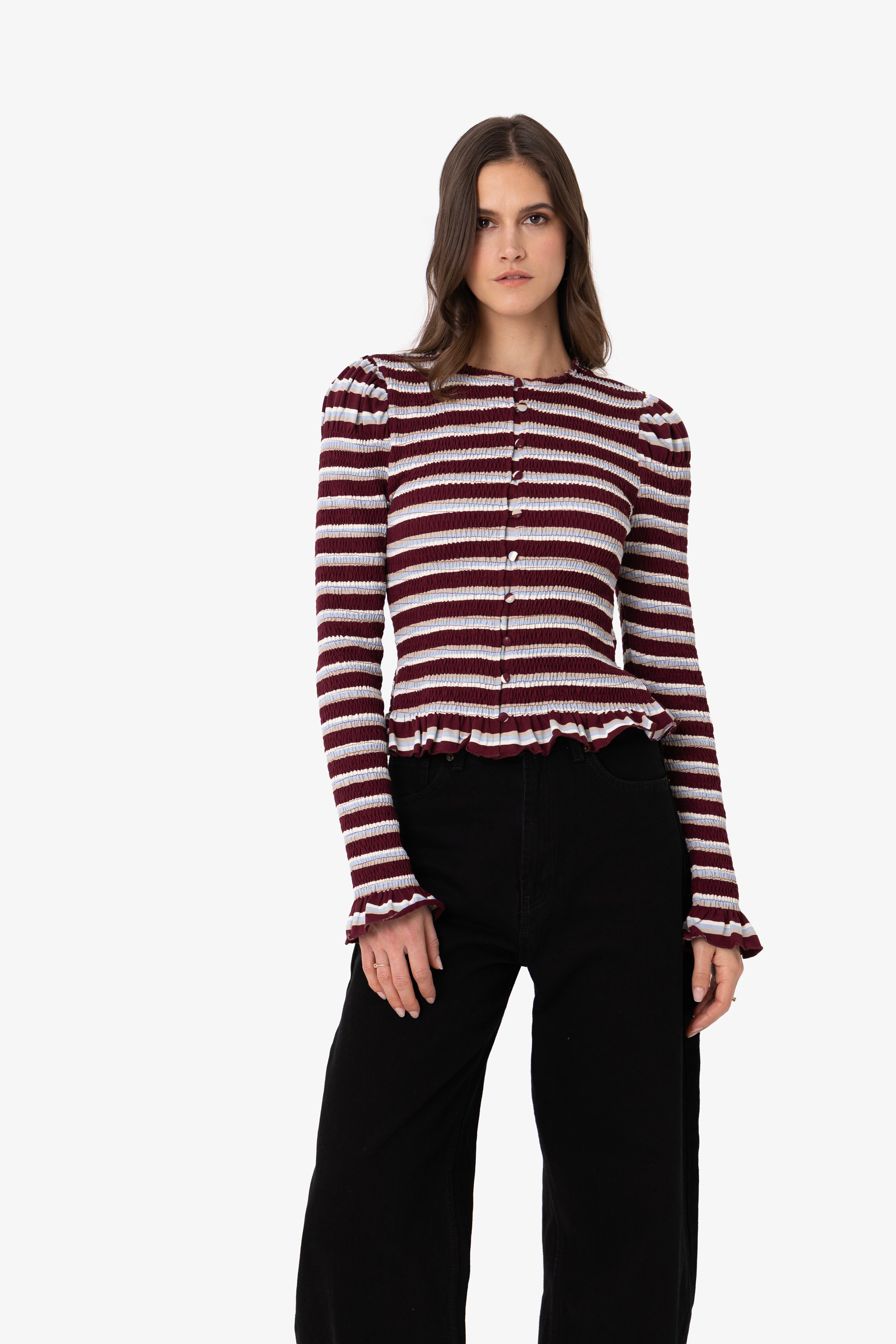 Agyness Smocked Viscose Cotton Jersey Knitted Stripe Cardigan