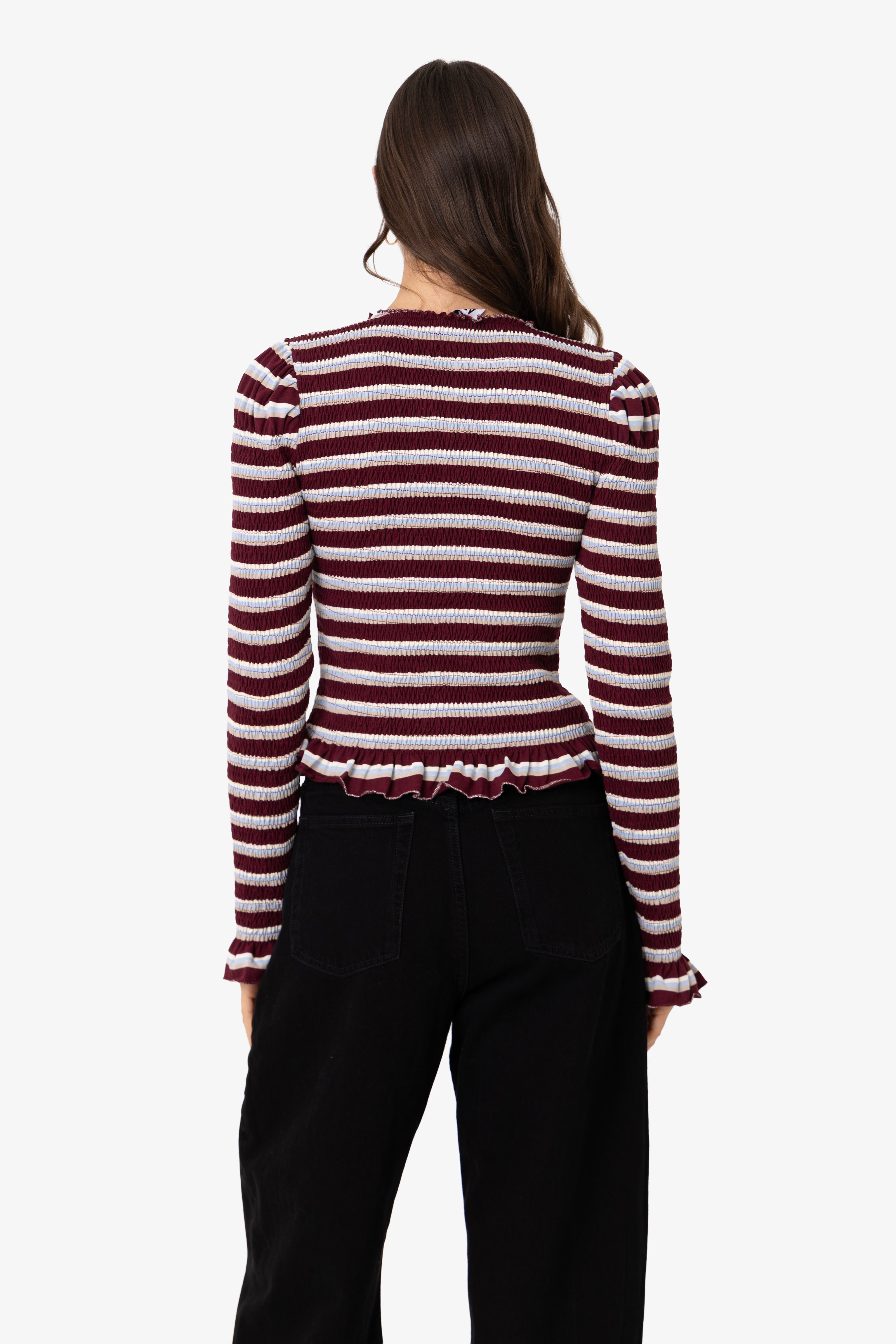 Agyness Smocked Viscose Cotton Jersey Knitted Stripe Cardigan