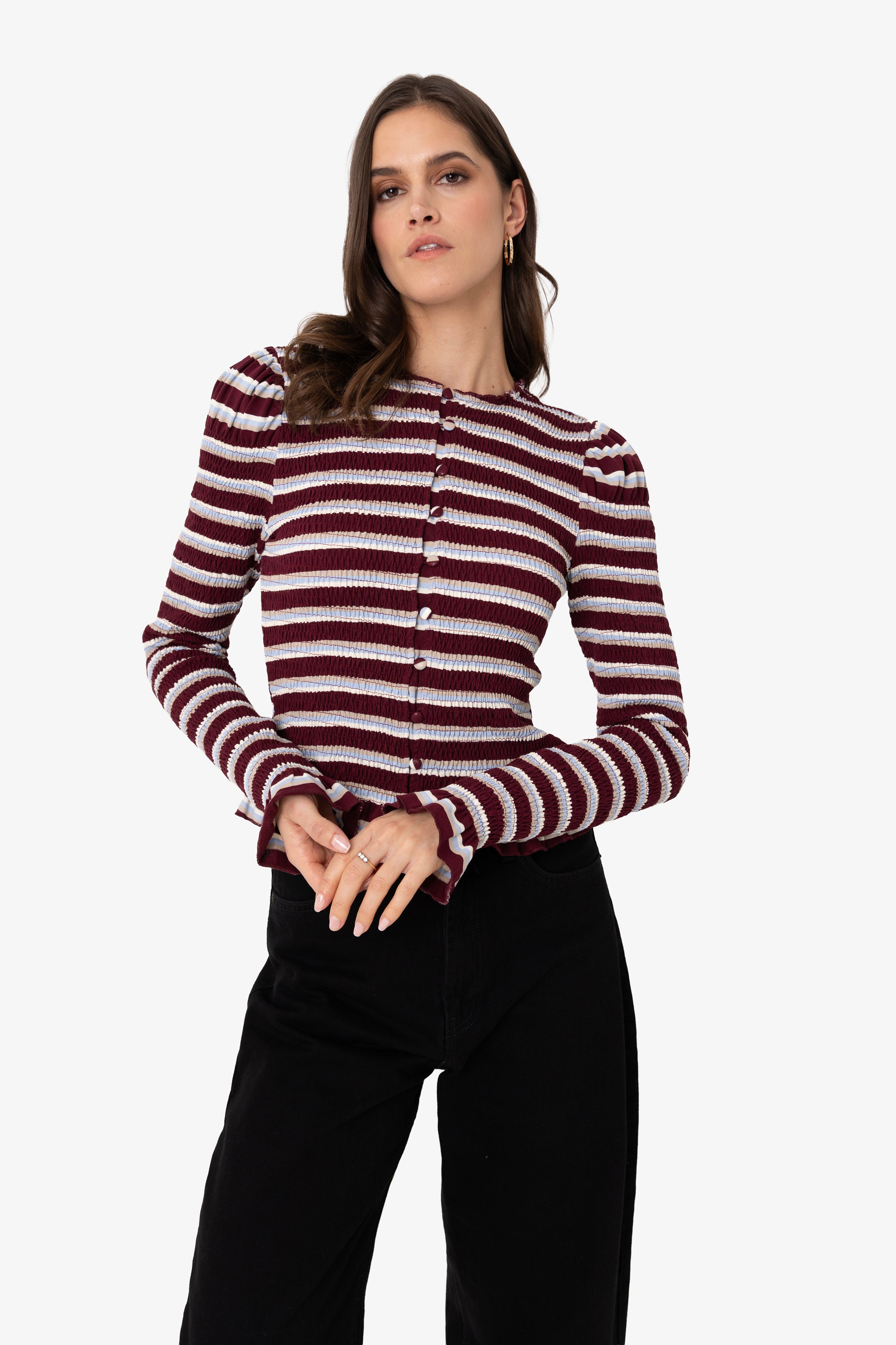 Agyness Smocked Viscose Cotton Jersey Knitted Stripe Cardigan