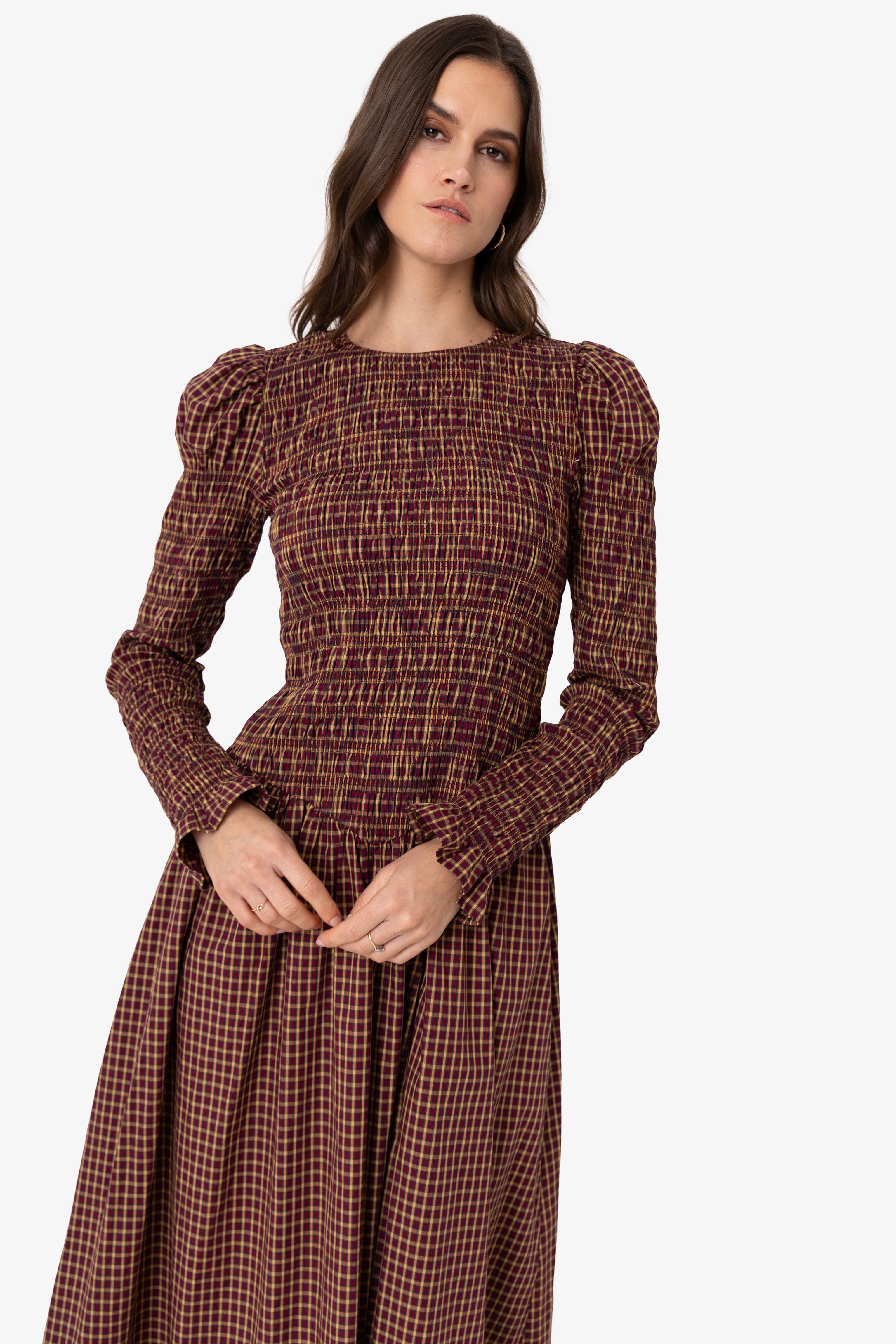 Cara Smocked Cotton Midiaxi Dress in Multi Gingham Check