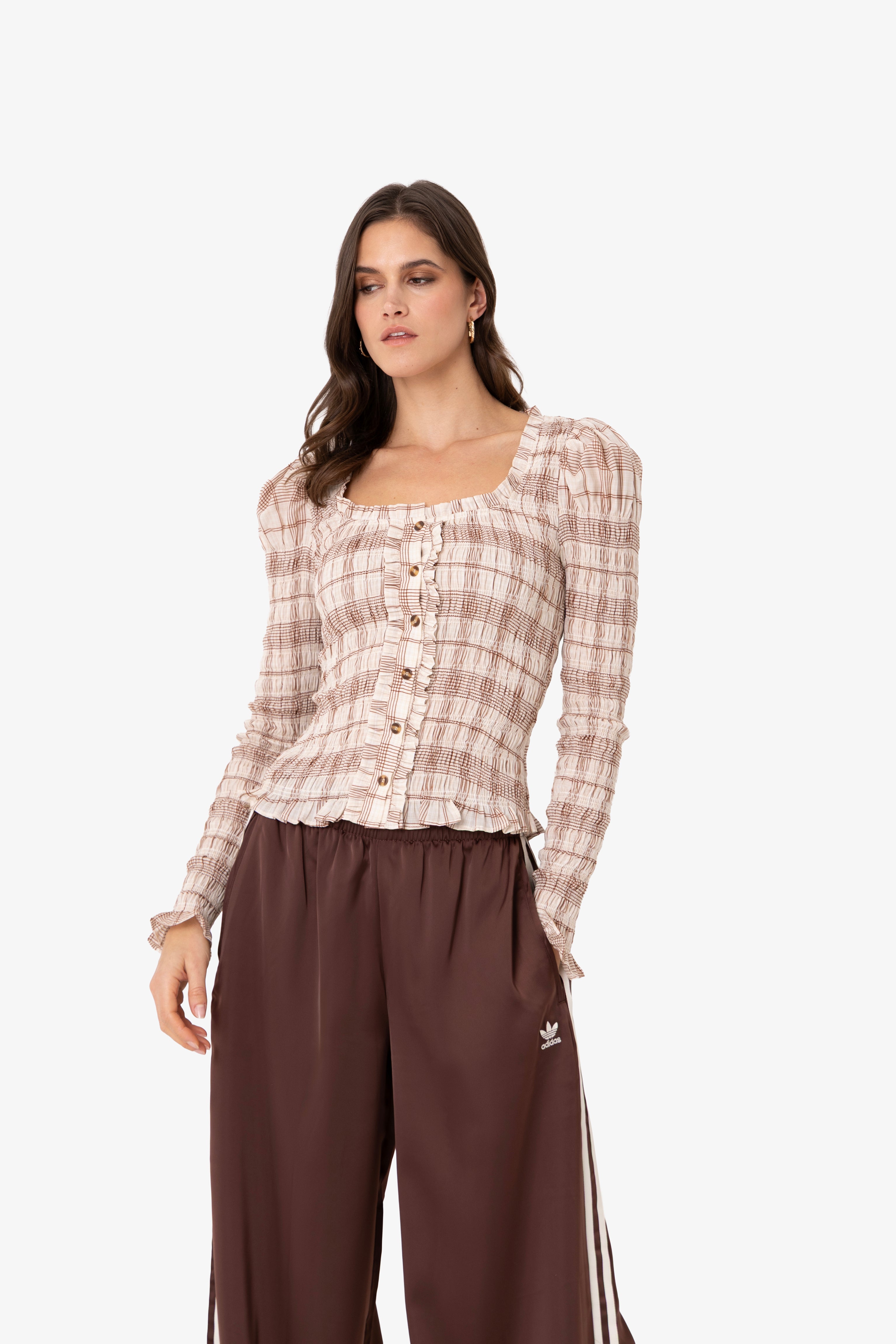 Maisie Smocked Cotton Blouse in Windowpane Check
