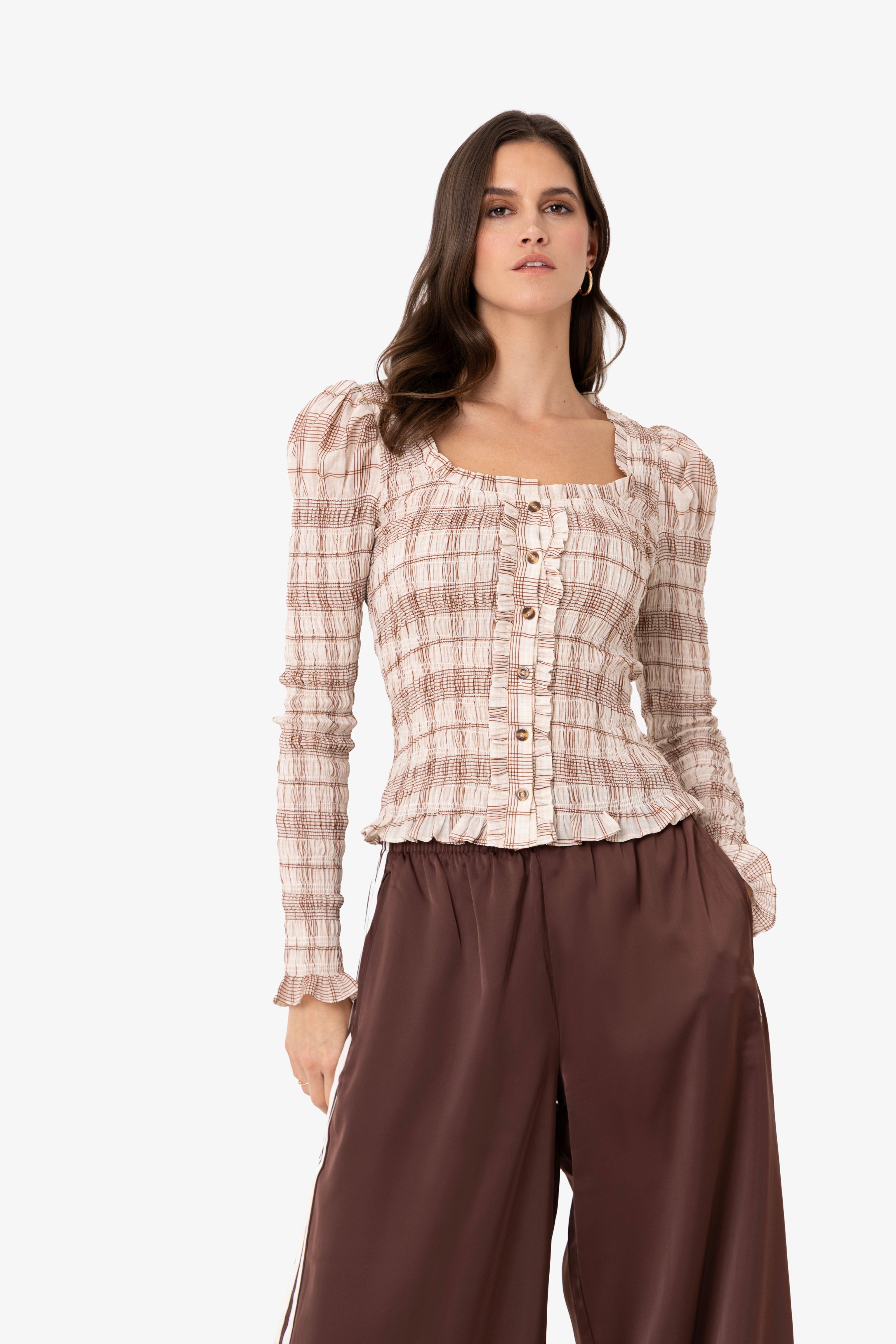 Maisie Smocked Cotton Blouse in Windowpane Check
