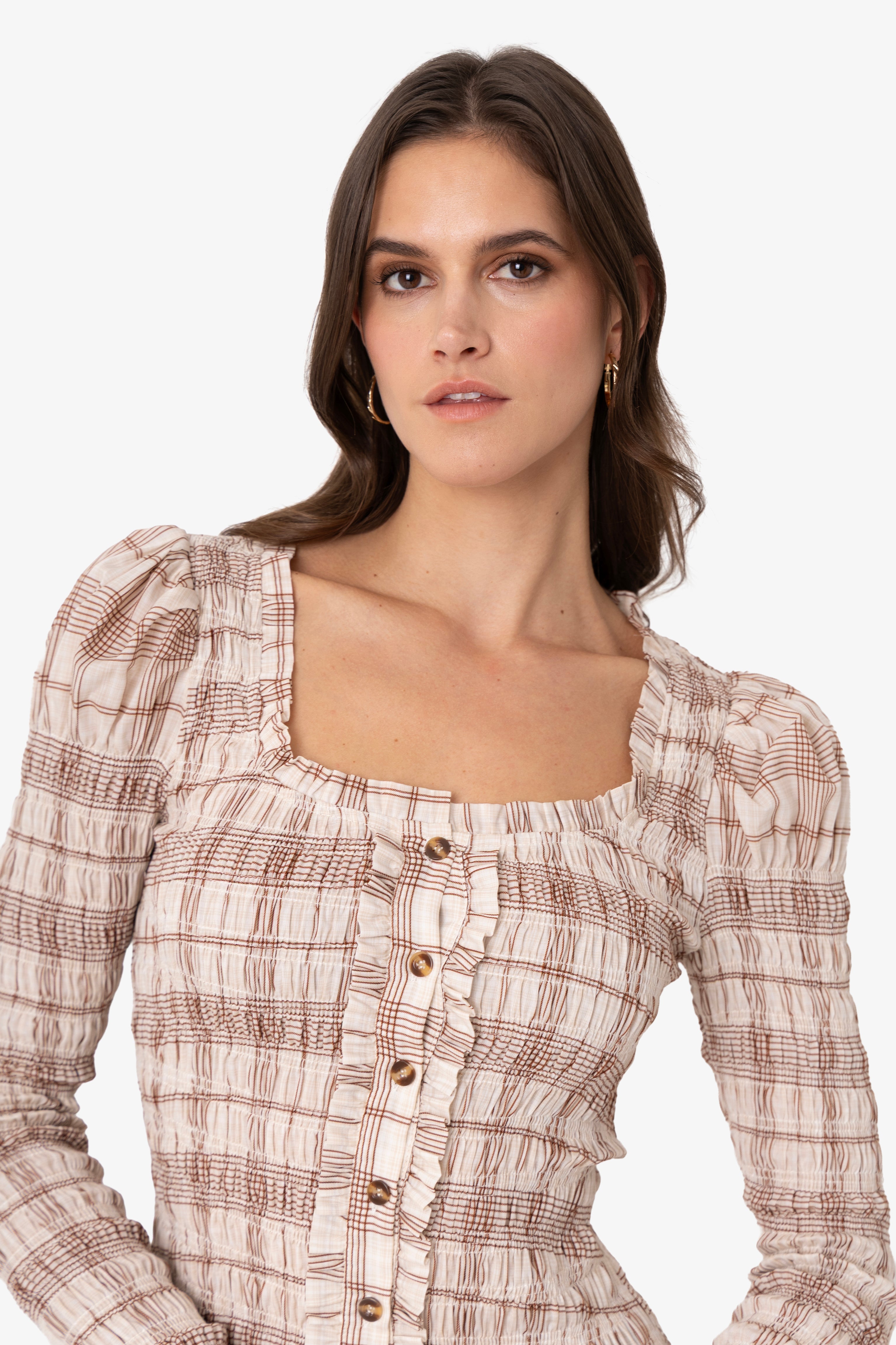 Maisie Smocked Cotton Blouse in Windowpane Check