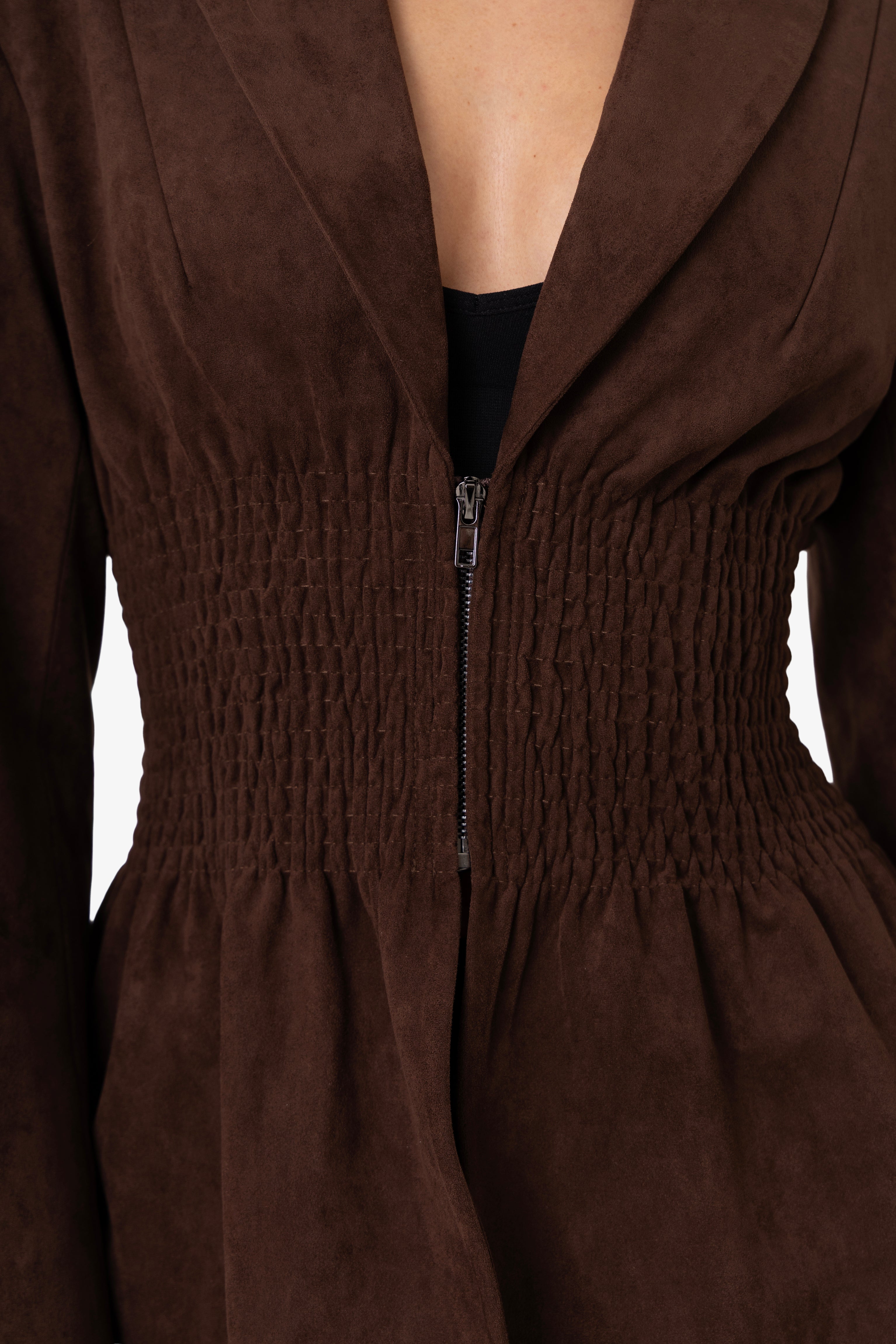 Rina Faux Suede Boxy Blazer Jacket with Smocked Waist