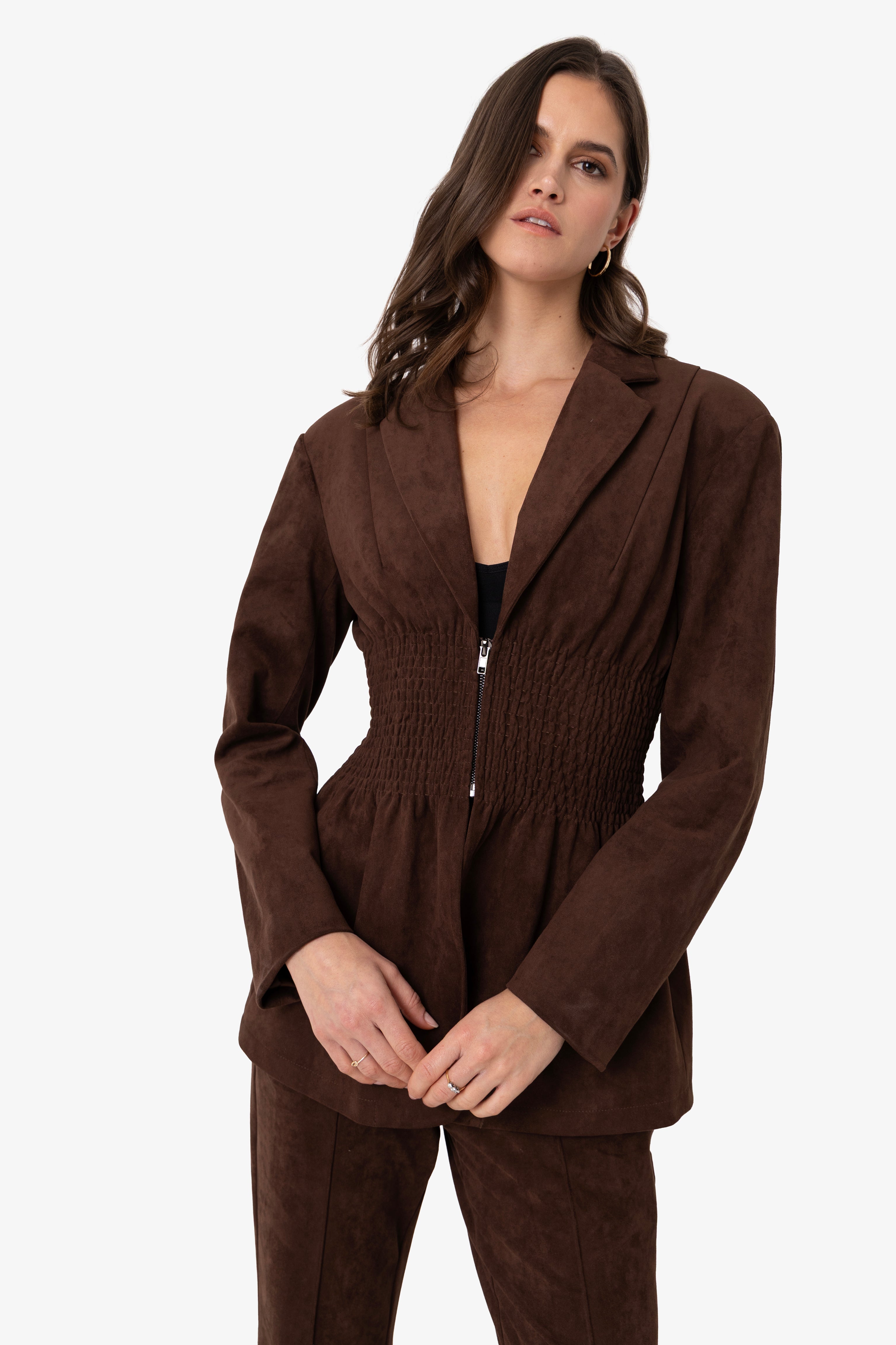 Rina Faux Suede Boxy Blazer Jacket with Smocked Waist