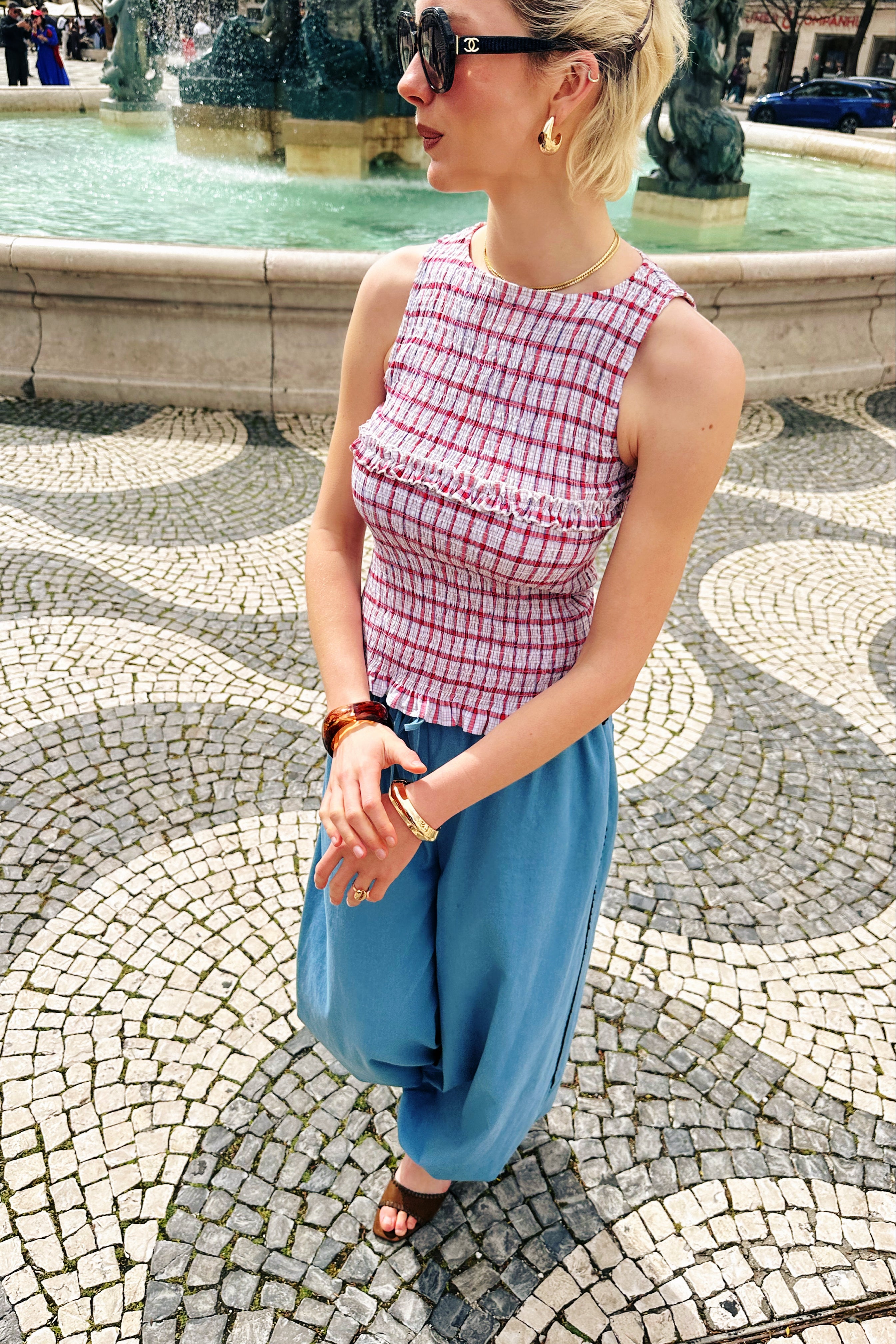 Mona Smocked Top In Red & White Windowpane Check