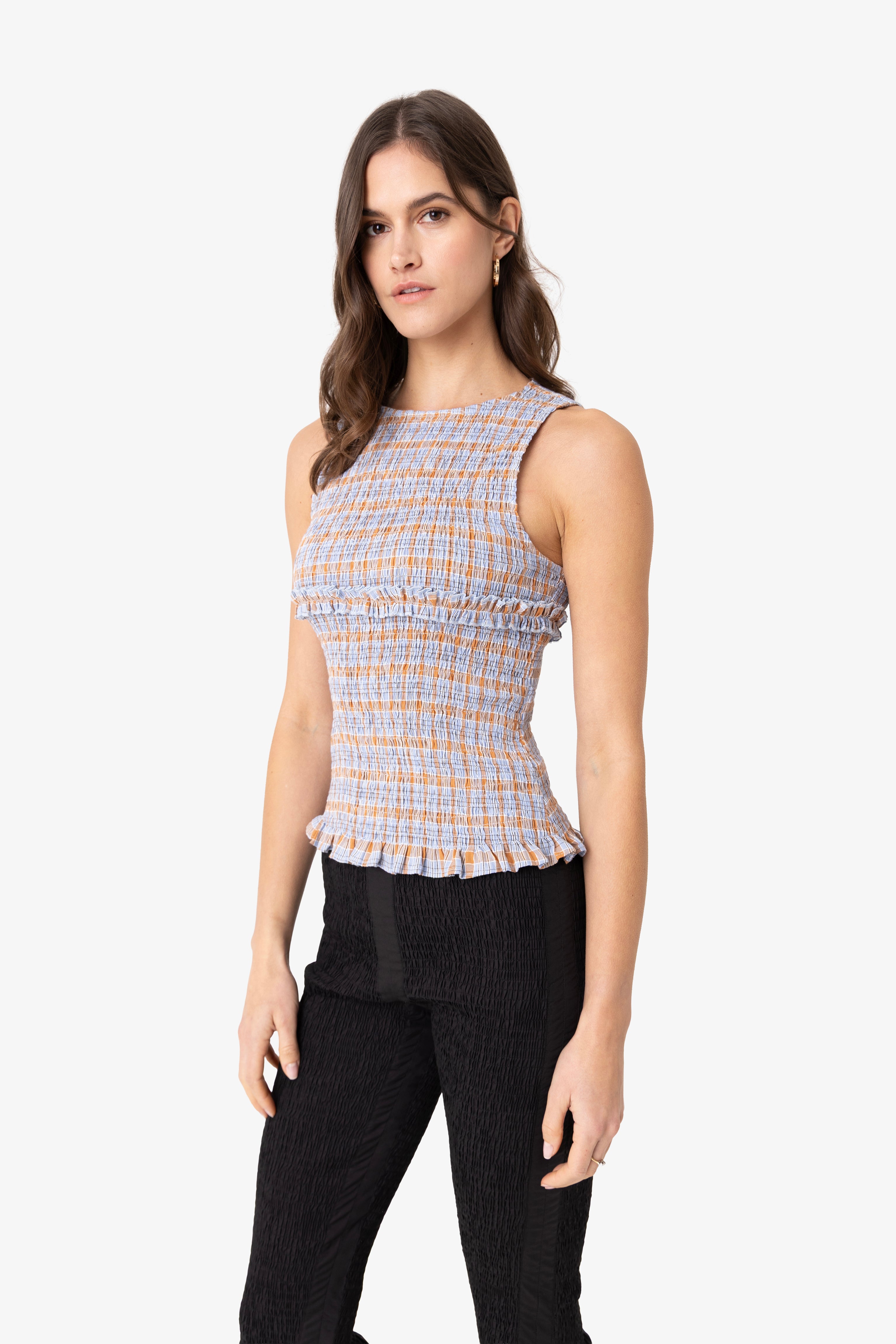 Mona Smocked Top in Blue and Orange Check
