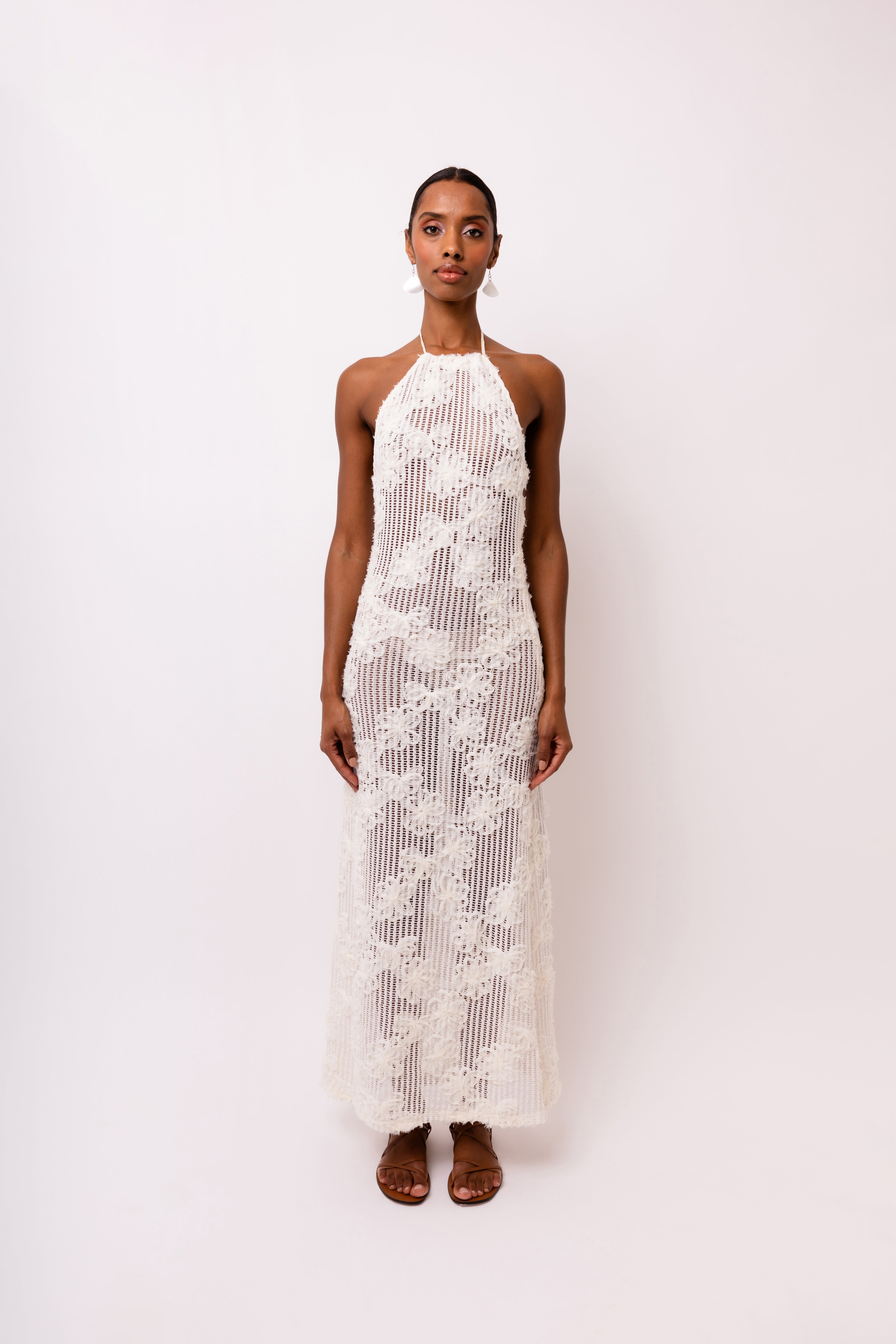 Cici Halter-neck Cream Crochet Floral Maxi Dress  | AMYLYNN