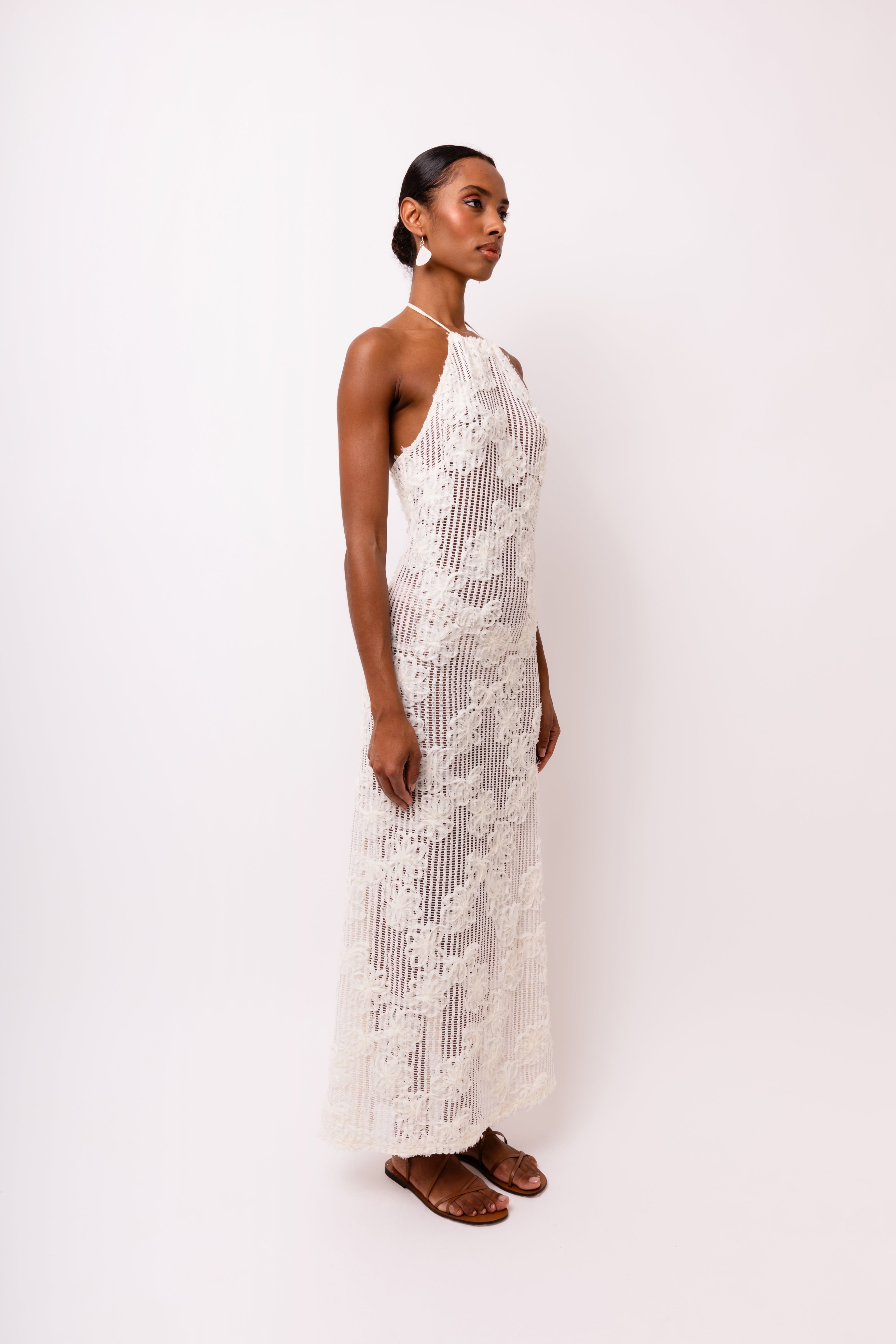 Cici Halter-neck Cream Crochet Floral Maxi Dress  | AMYLYNN
