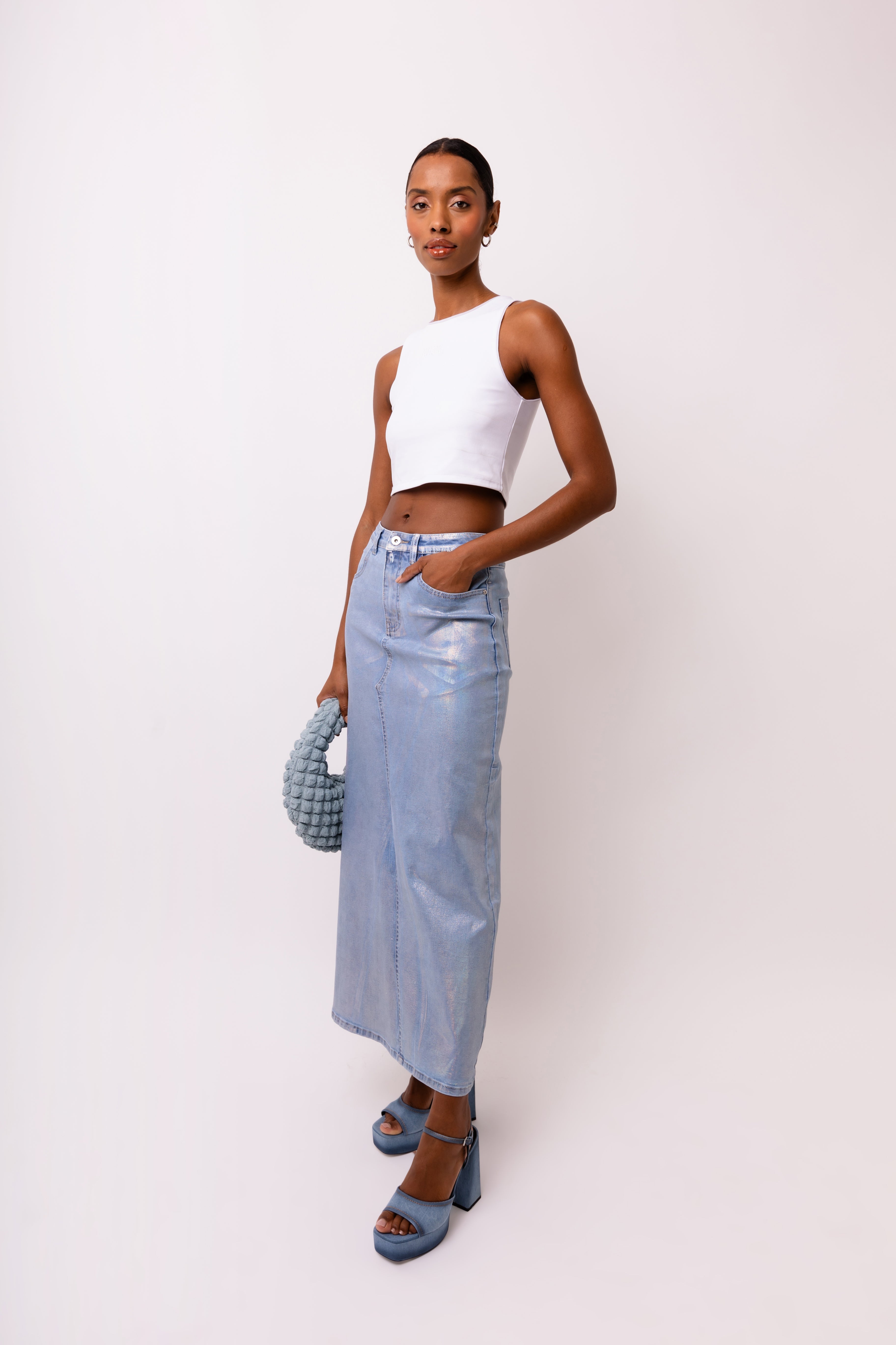 Mimi High-waist Denim Maxi Skirt with Metallic Sheen | AMYLYNNMimi High-waist Denim Maxi Skirt with Metallic Sheen | AMYLYNN