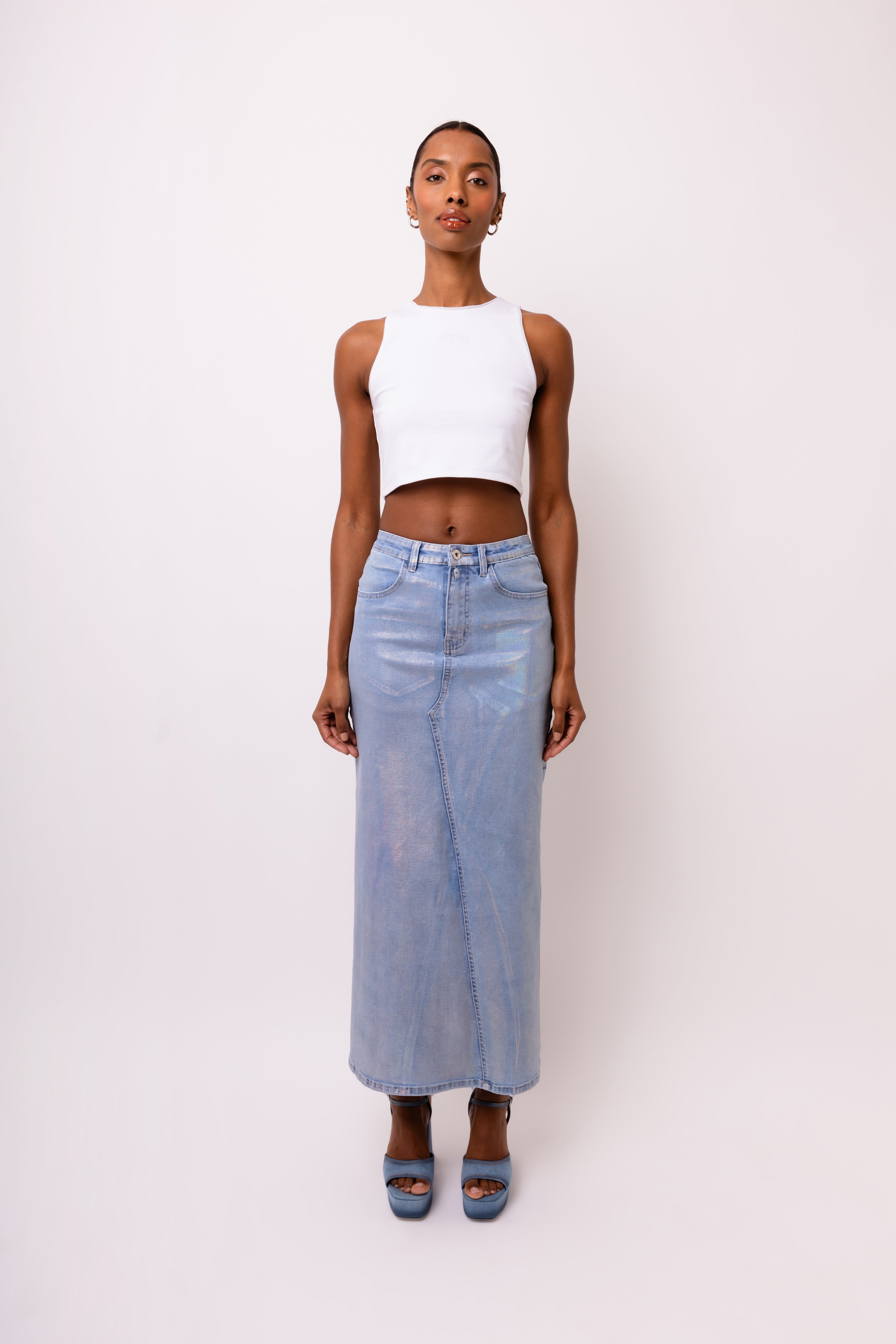 Mimi High-waist Denim Maxi Skirt with Metallic Sheen | AMYLYNN