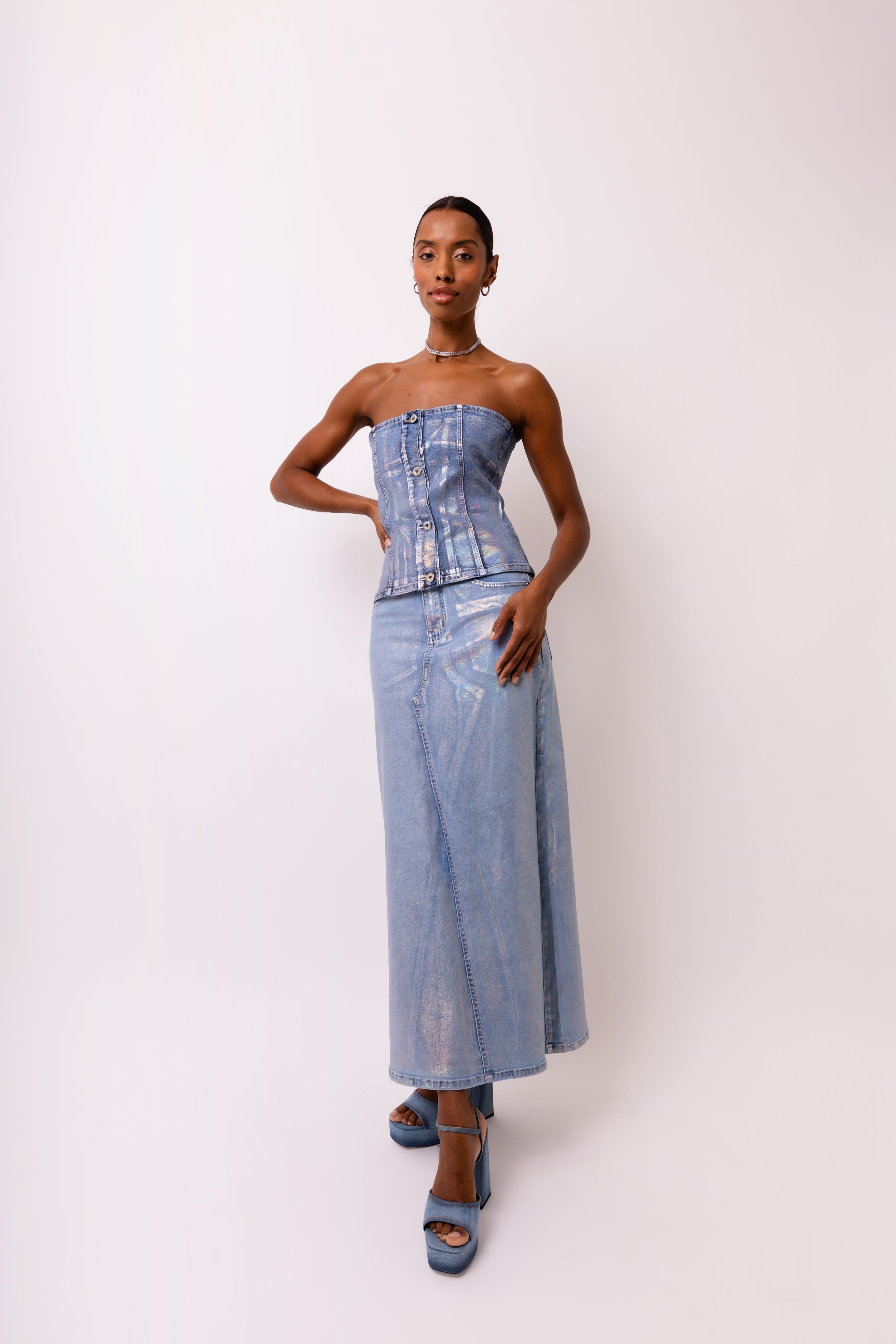 Mimi High-waist Denim Maxi Skirt with Metallic Sheen | AMYLYNN