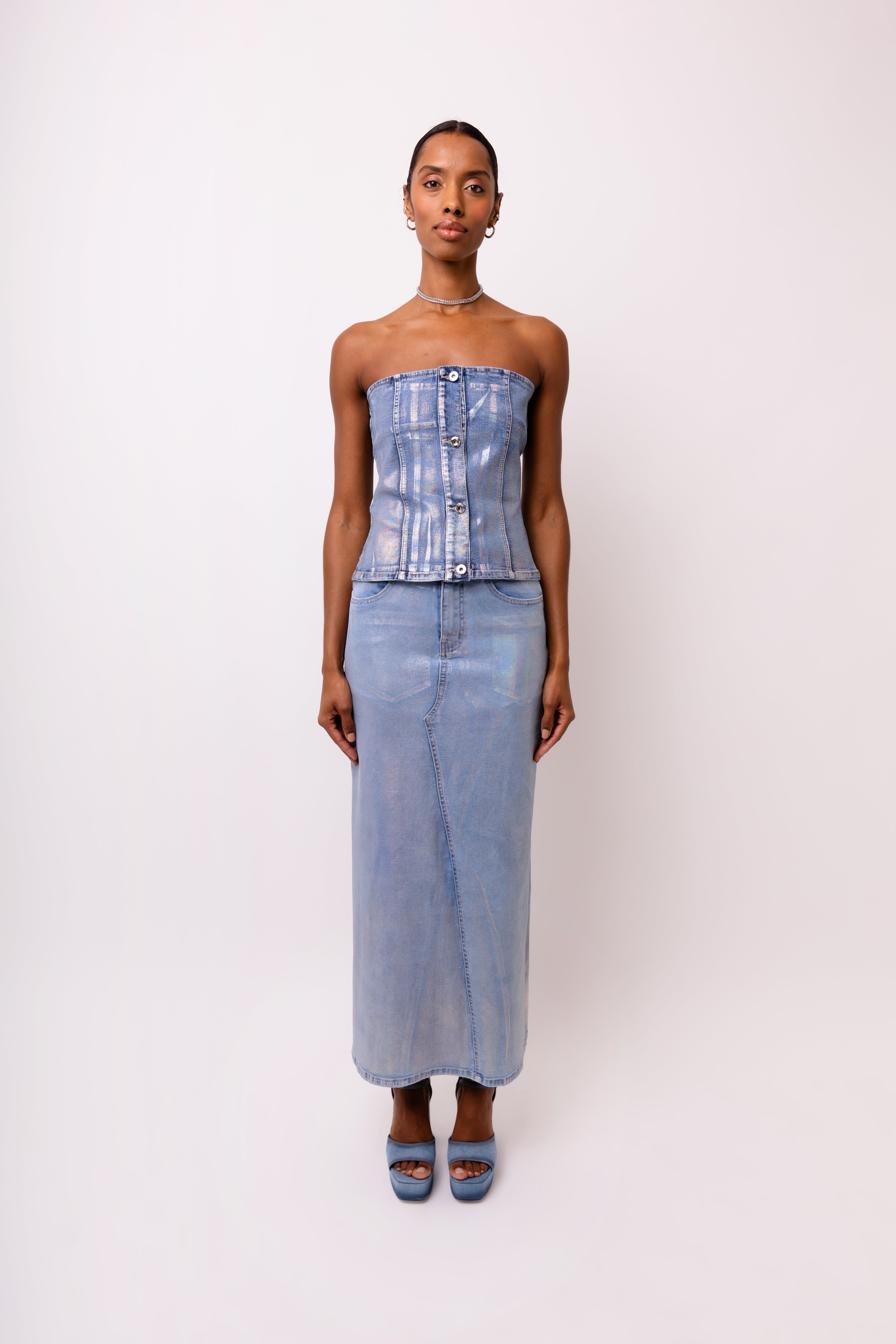 Mimi High-waist Denim Maxi Skirt with Metallic Sheen | AMYLYNN