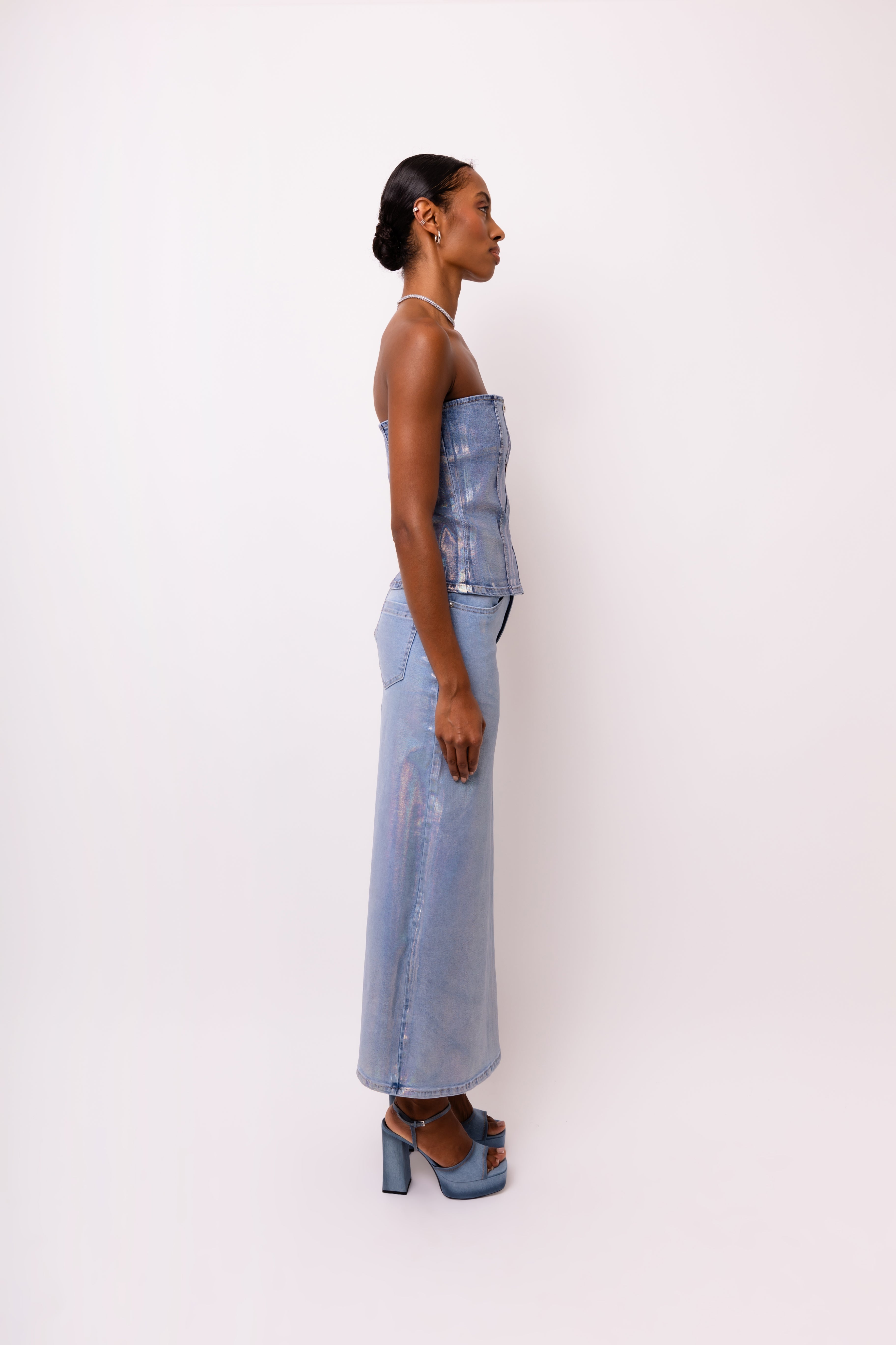 Mimi High-waist Denim Maxi Skirt with Metallic Sheen | AMYLYNN