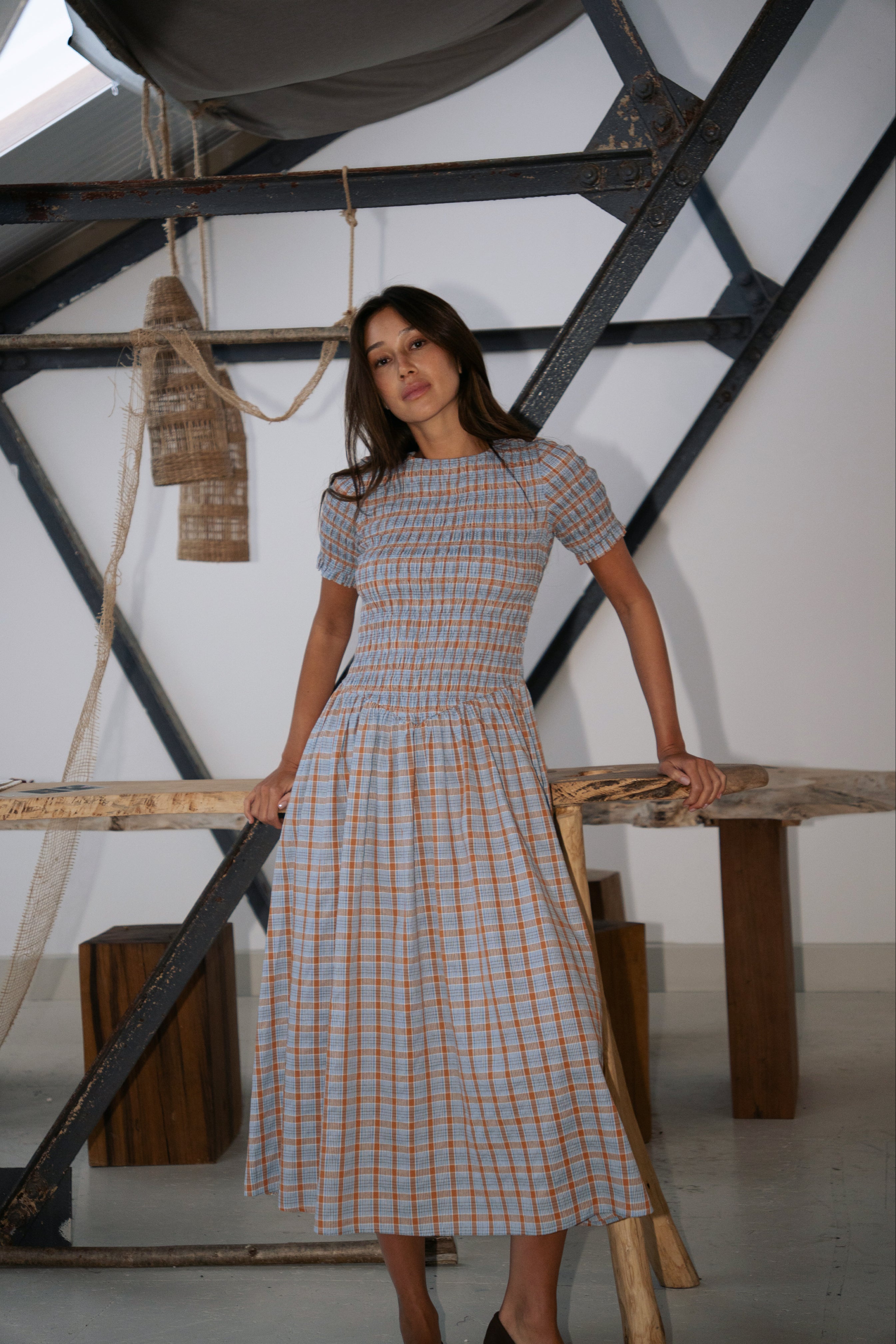 Beatrix Smocked Midaxi  Dress in Blue and Orange Check