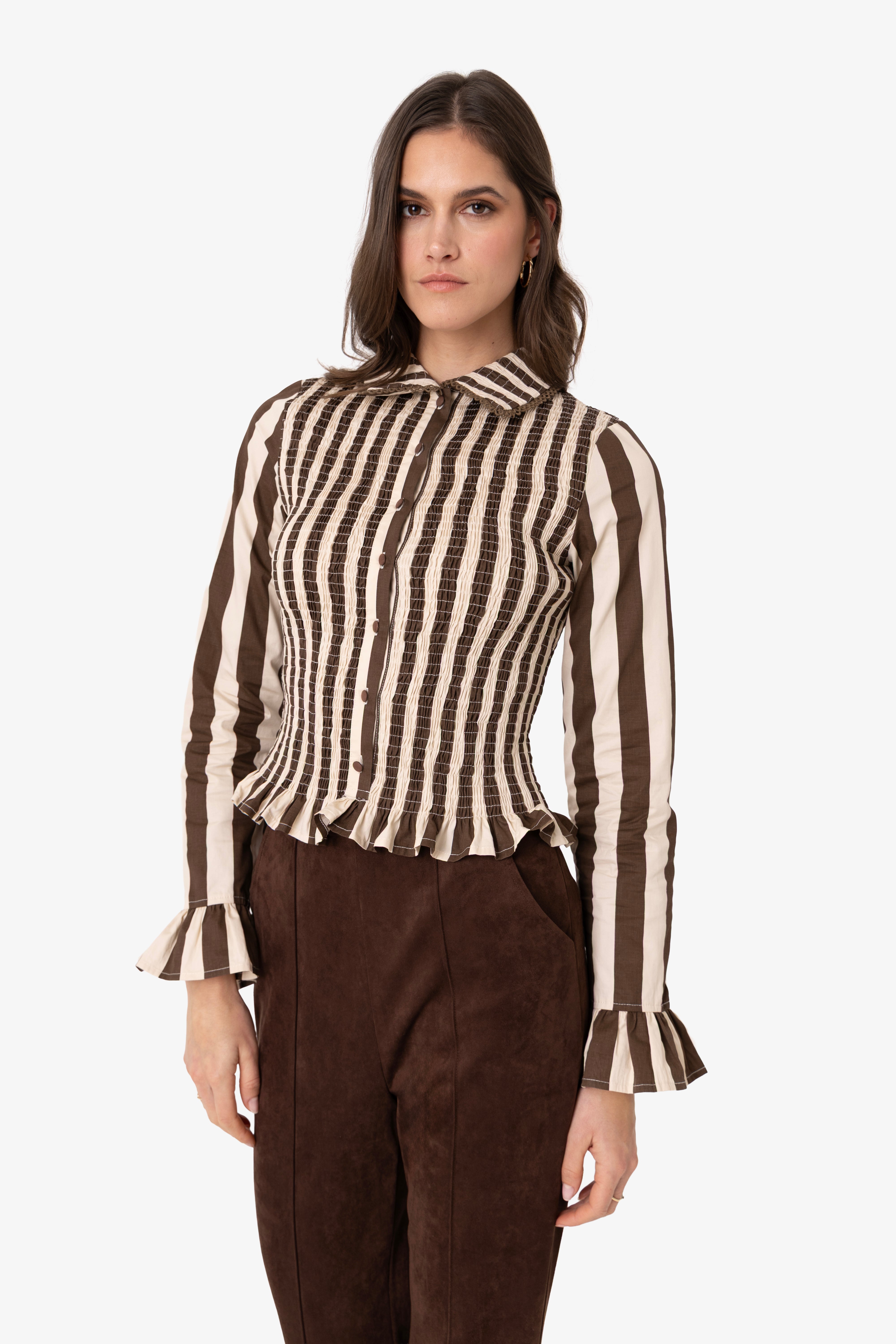 Yasmine Cotton Brown Stripe Smocked Shirt