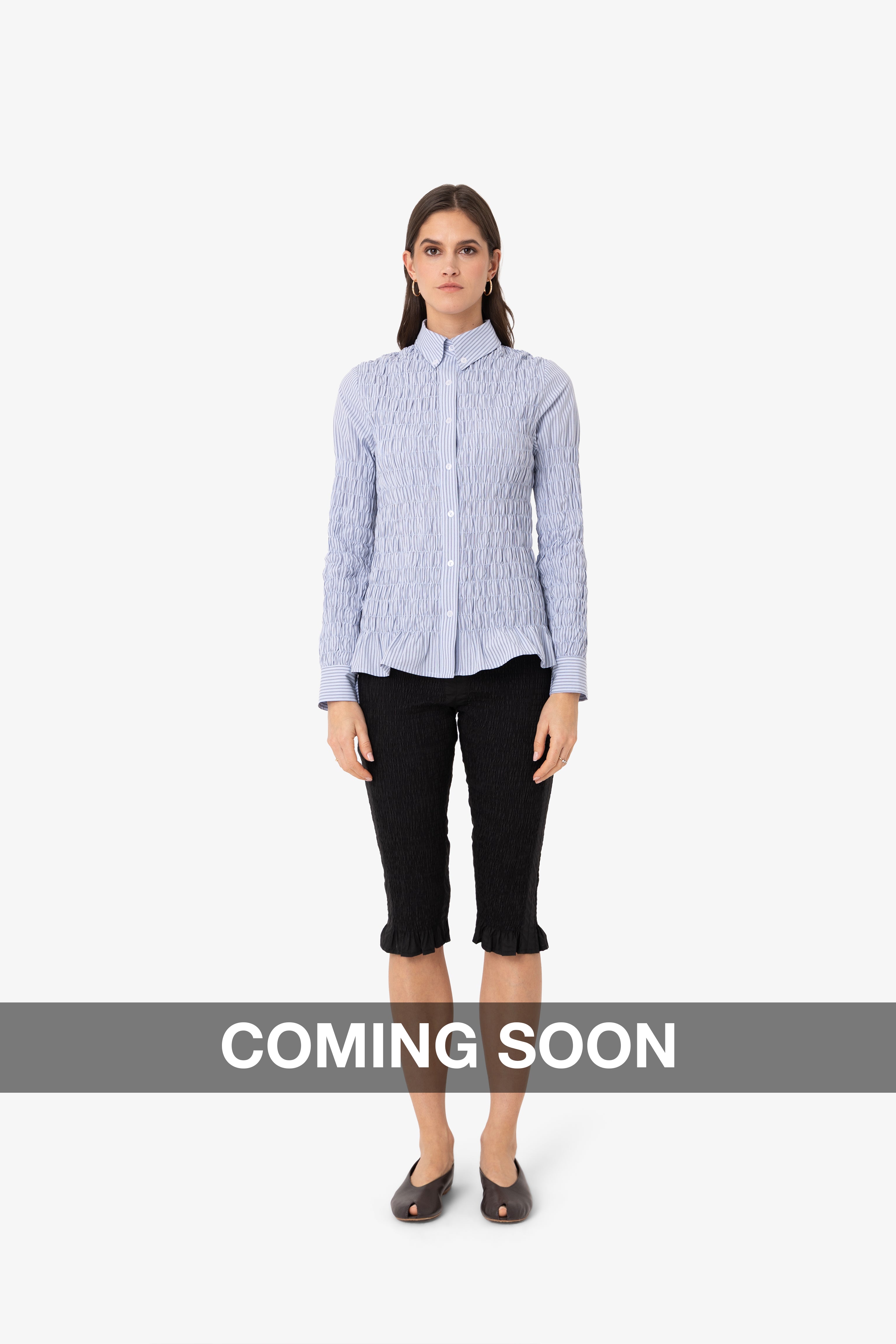 Olivia Smocked Cotton Shirt in Blue Stripe