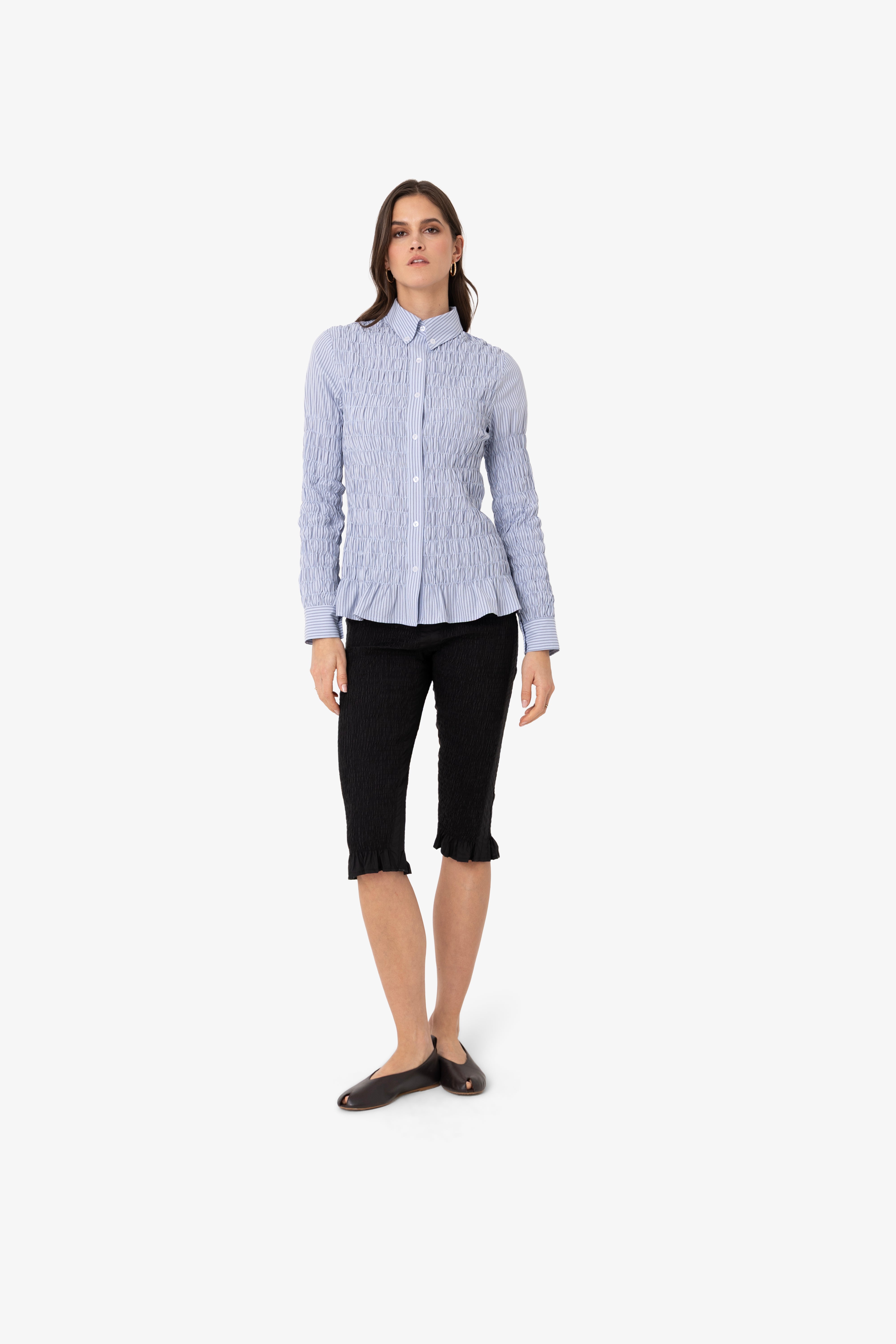 Olivia Smocked Cotton Shirt in Blue Stripe