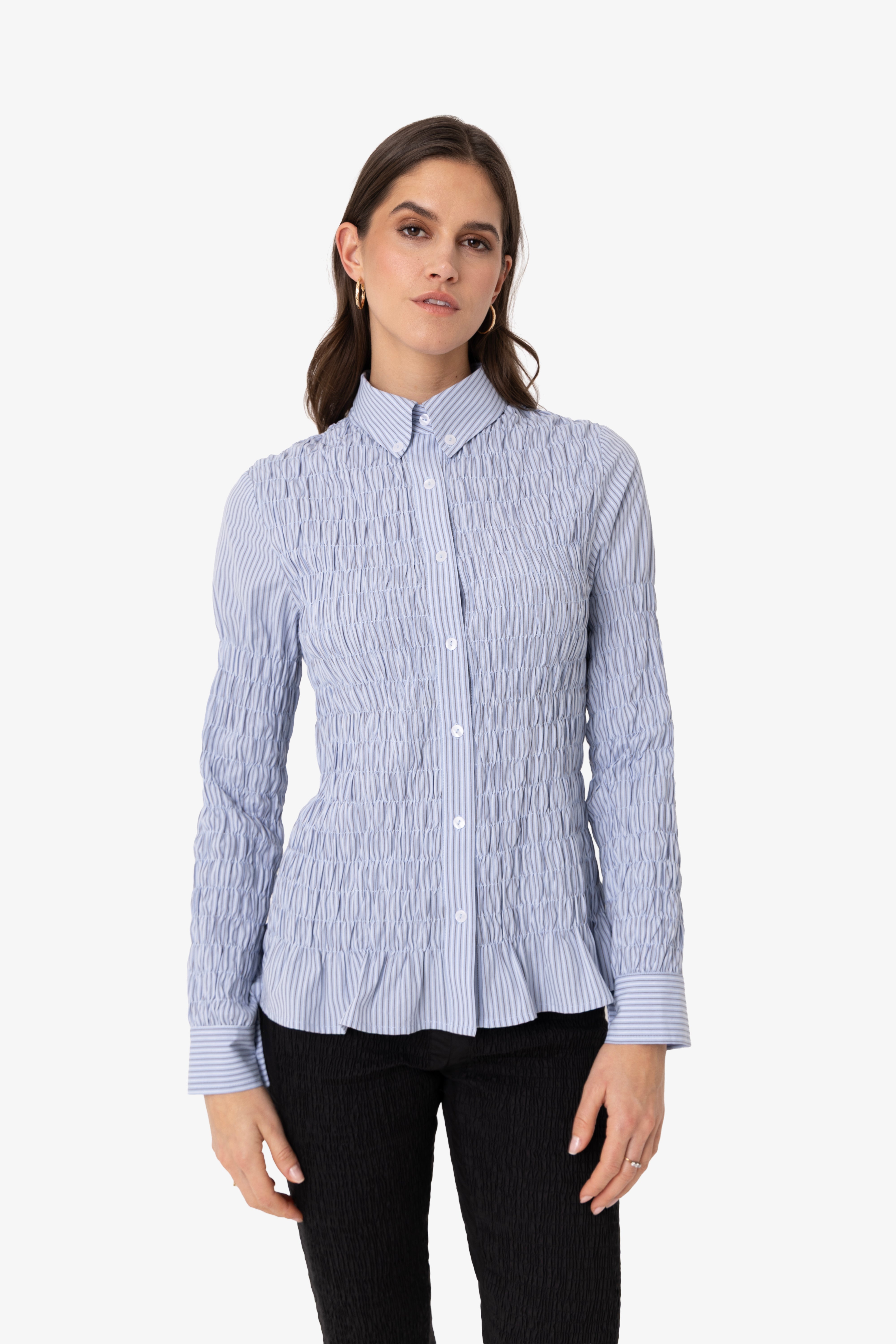 Olivia Smocked Cotton Shirt in Blue Stripe