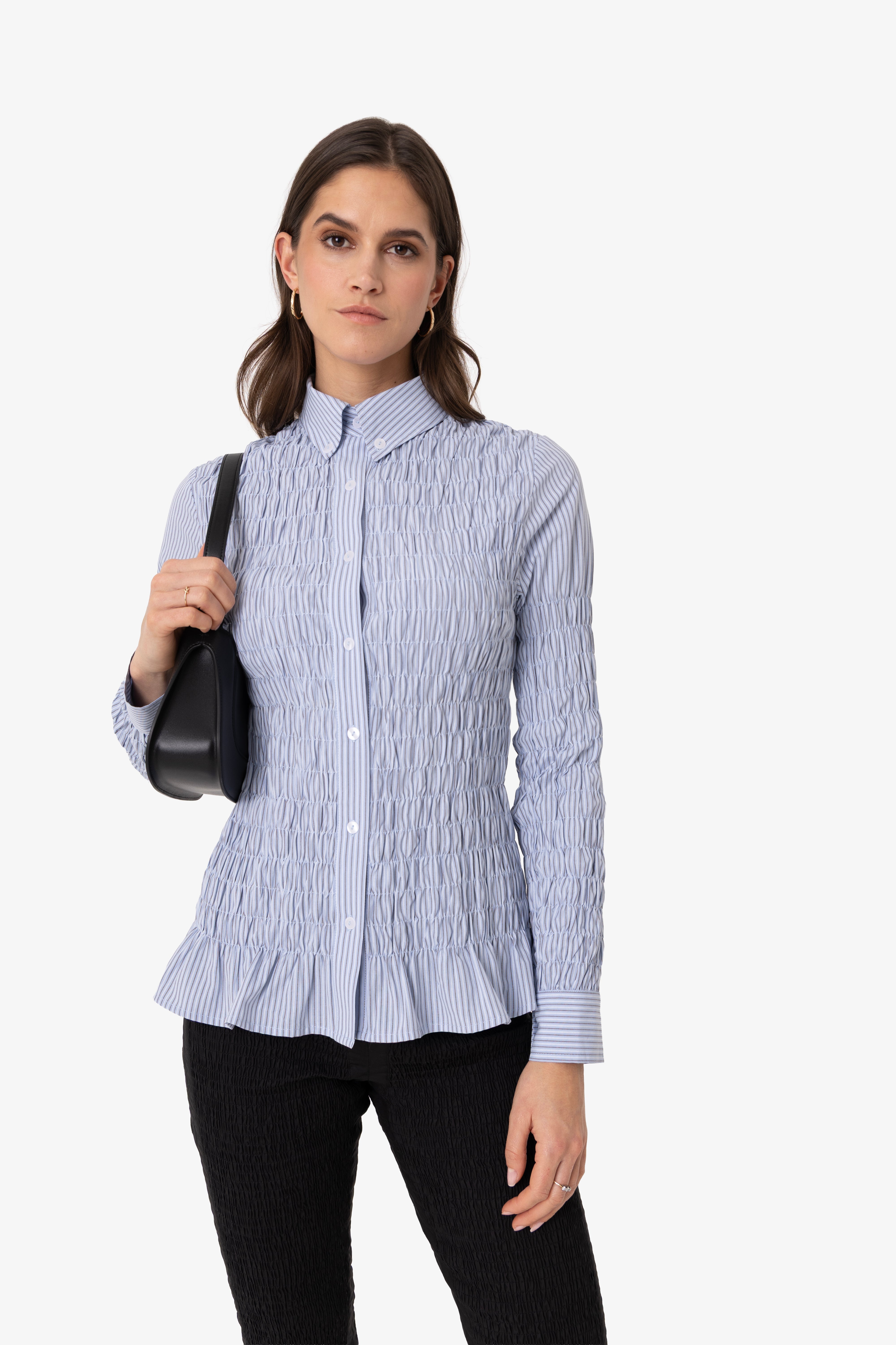 Olivia Smocked Cotton Shirt in Blue Stripe