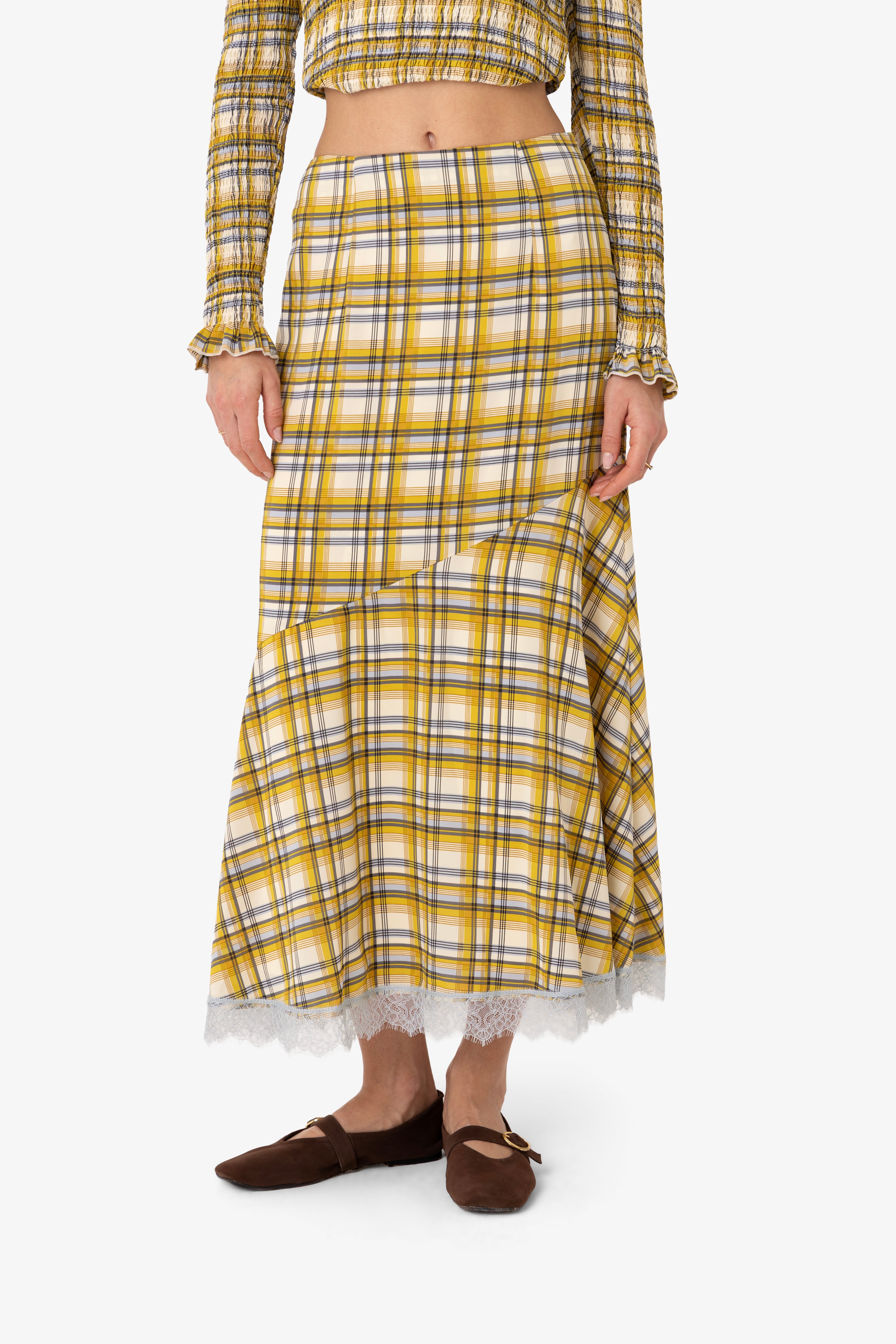 Sunnie Yellow Plaid Asymetric Lace Trim Skirt