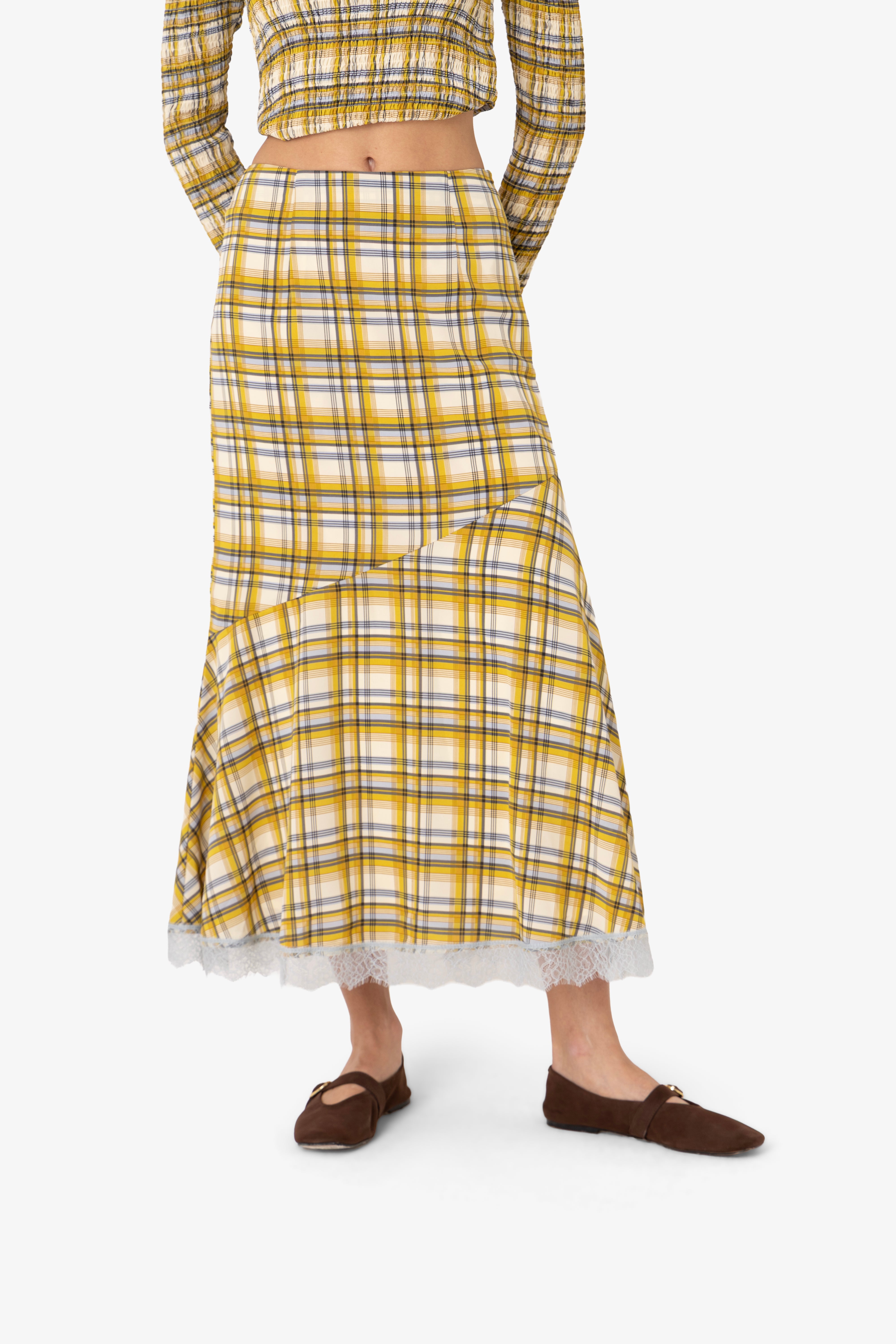 Sunnie Yellow Plaid Asymetric Lace Trim Skirt