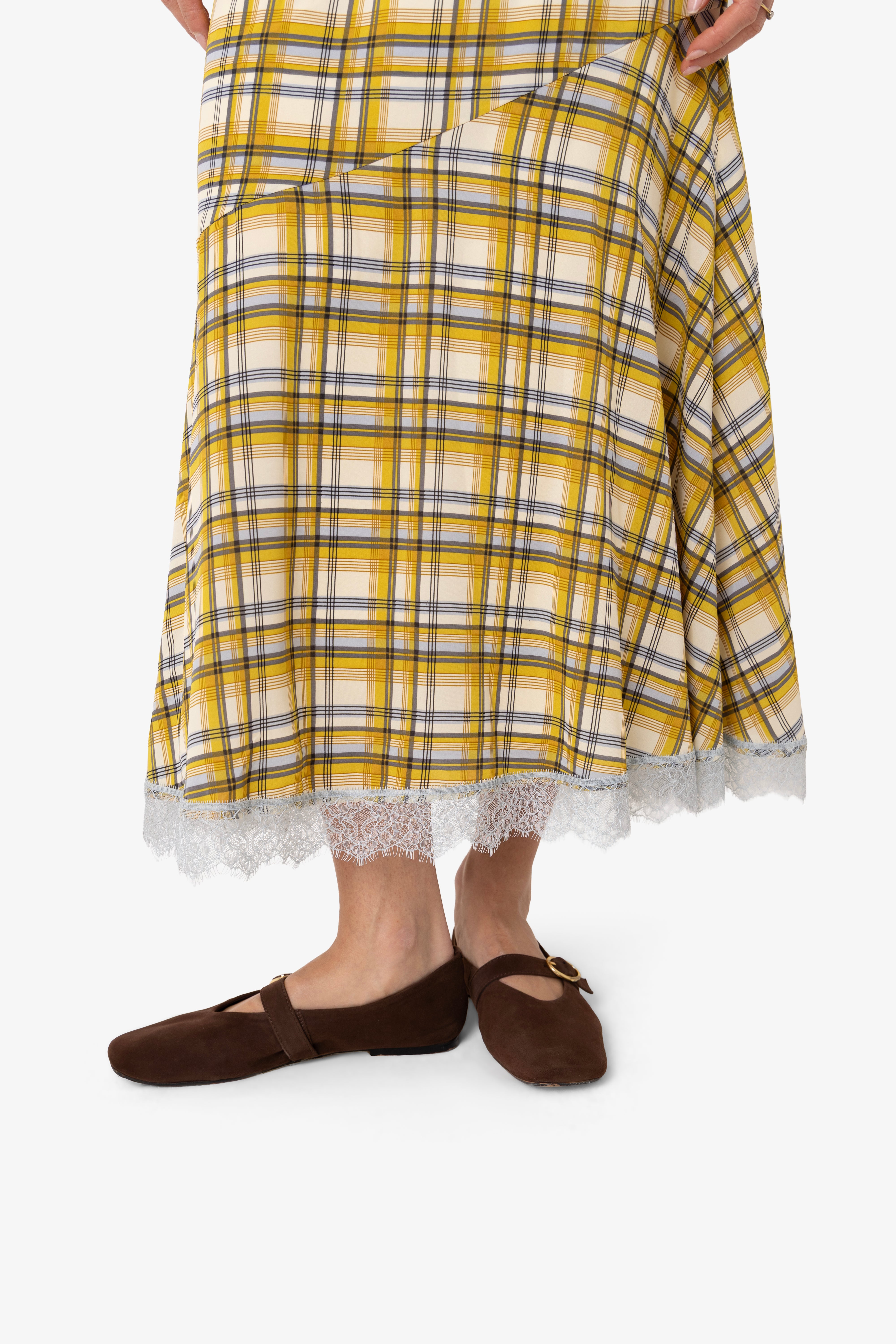 Sunnie Yellow Plaid Asymetric Lace Trim Skirt