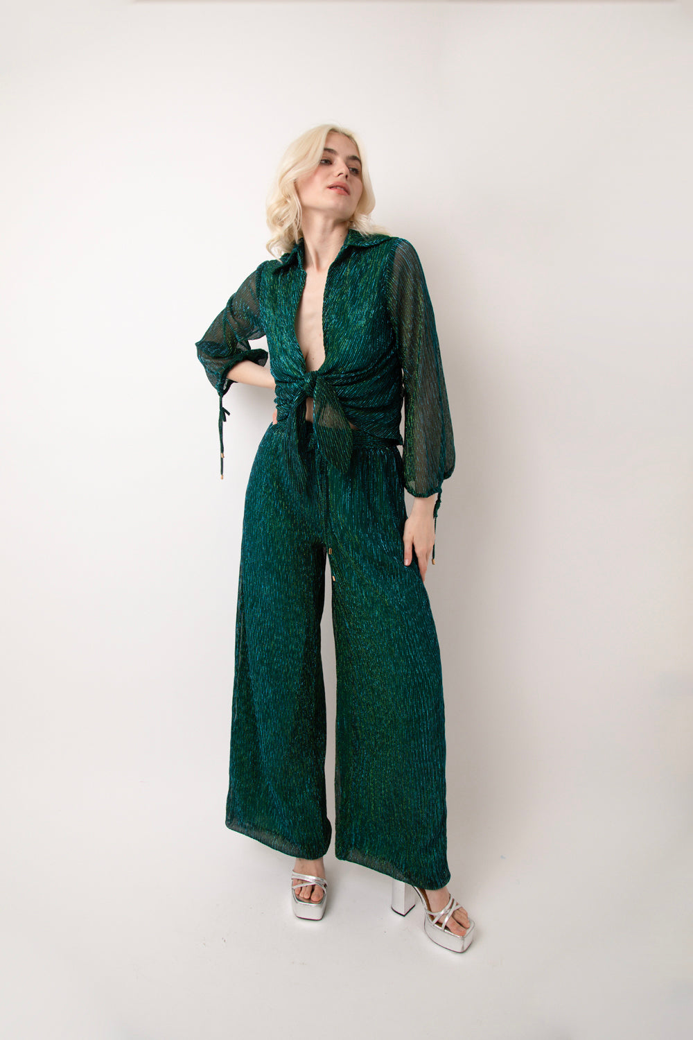 Ama Teal Green Metallic Plisse Wide Leg Loose-fit Trousers | AmyLynn